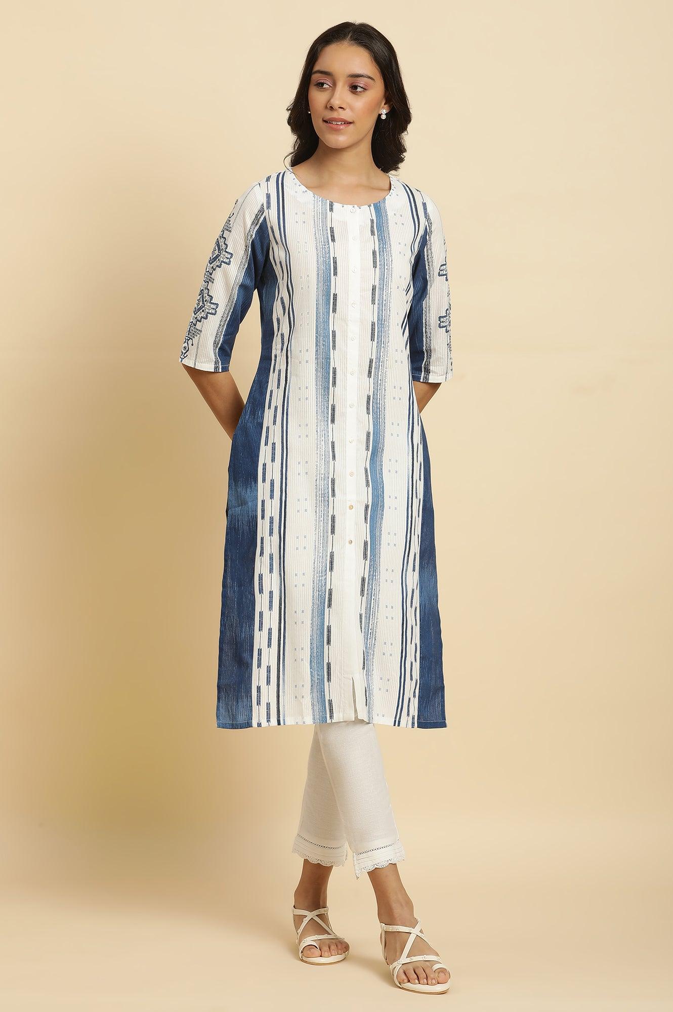 White & Blue Kantha Printed Kurta - Image 6