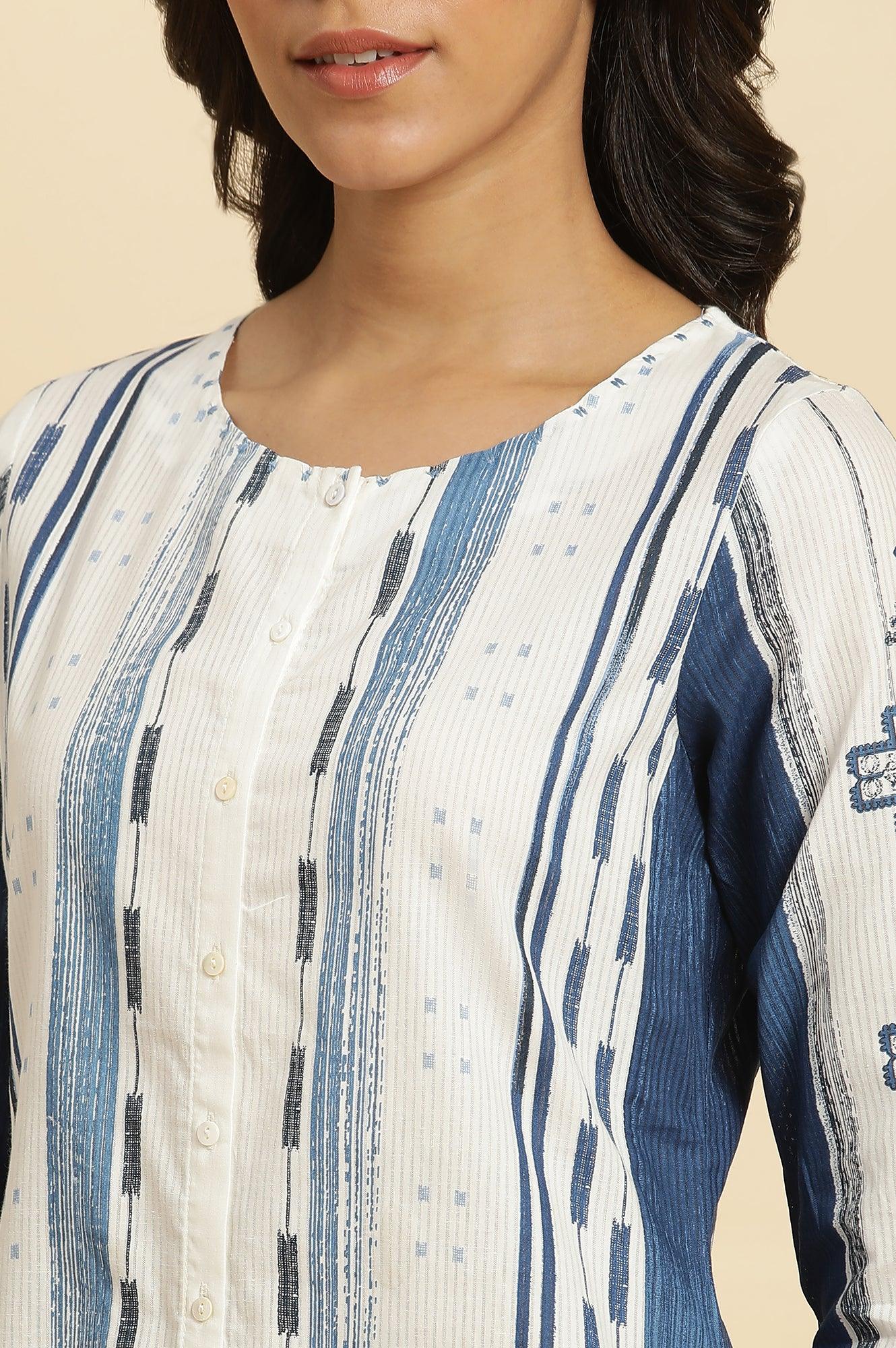 White & Blue Kantha Printed Kurta - Image 7