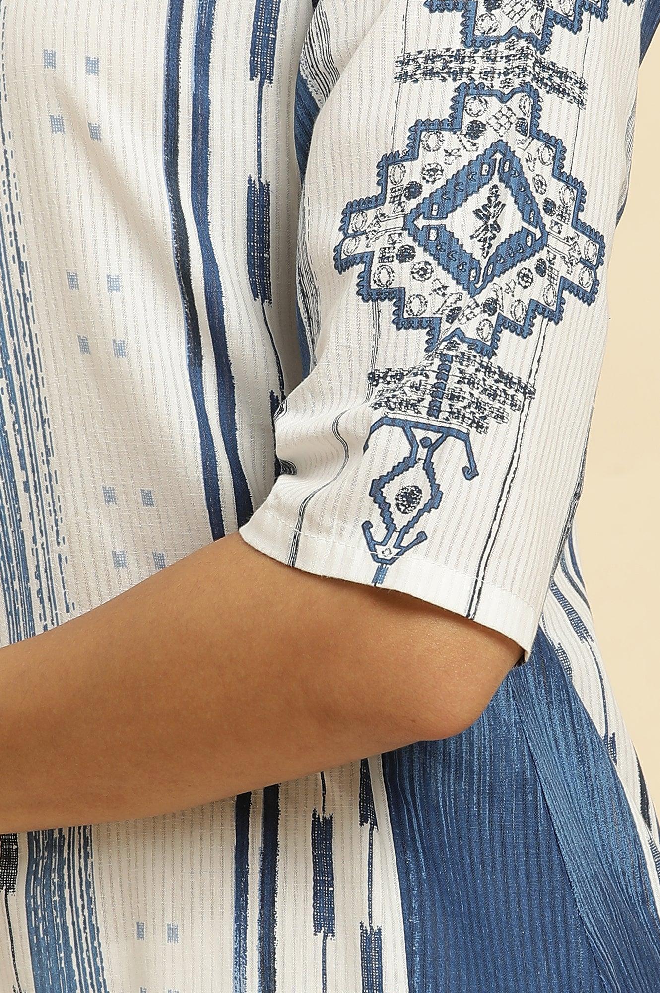 White & Blue Kantha Printed Kurta - Image 8