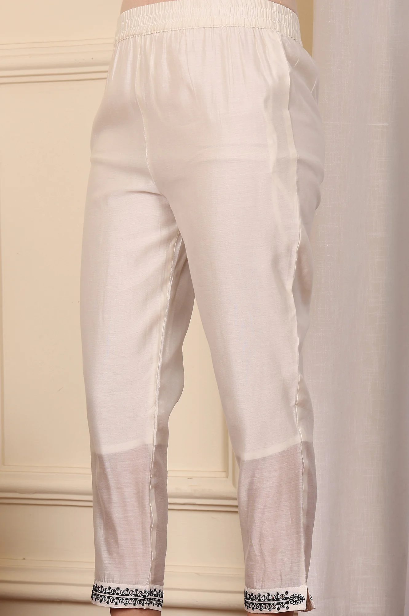 White Chanderi Mock Panelled Embroidered Flared Kurta, Straight Pants And Dupatta Set - Image 10