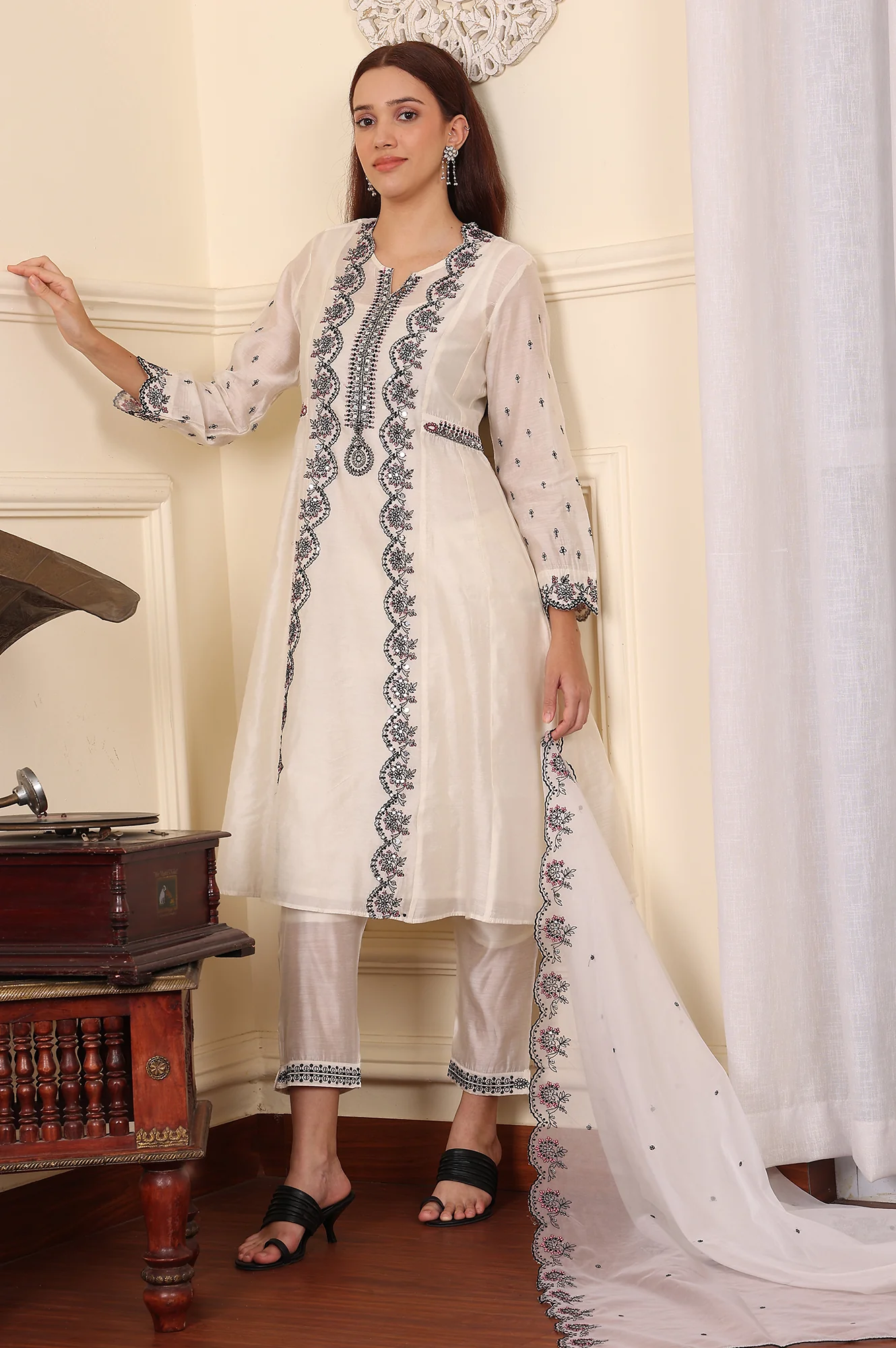 White Chanderi Mock Panelled Embroidered Flared Kurta, Straight Pants And Dupatta Set - Image 2