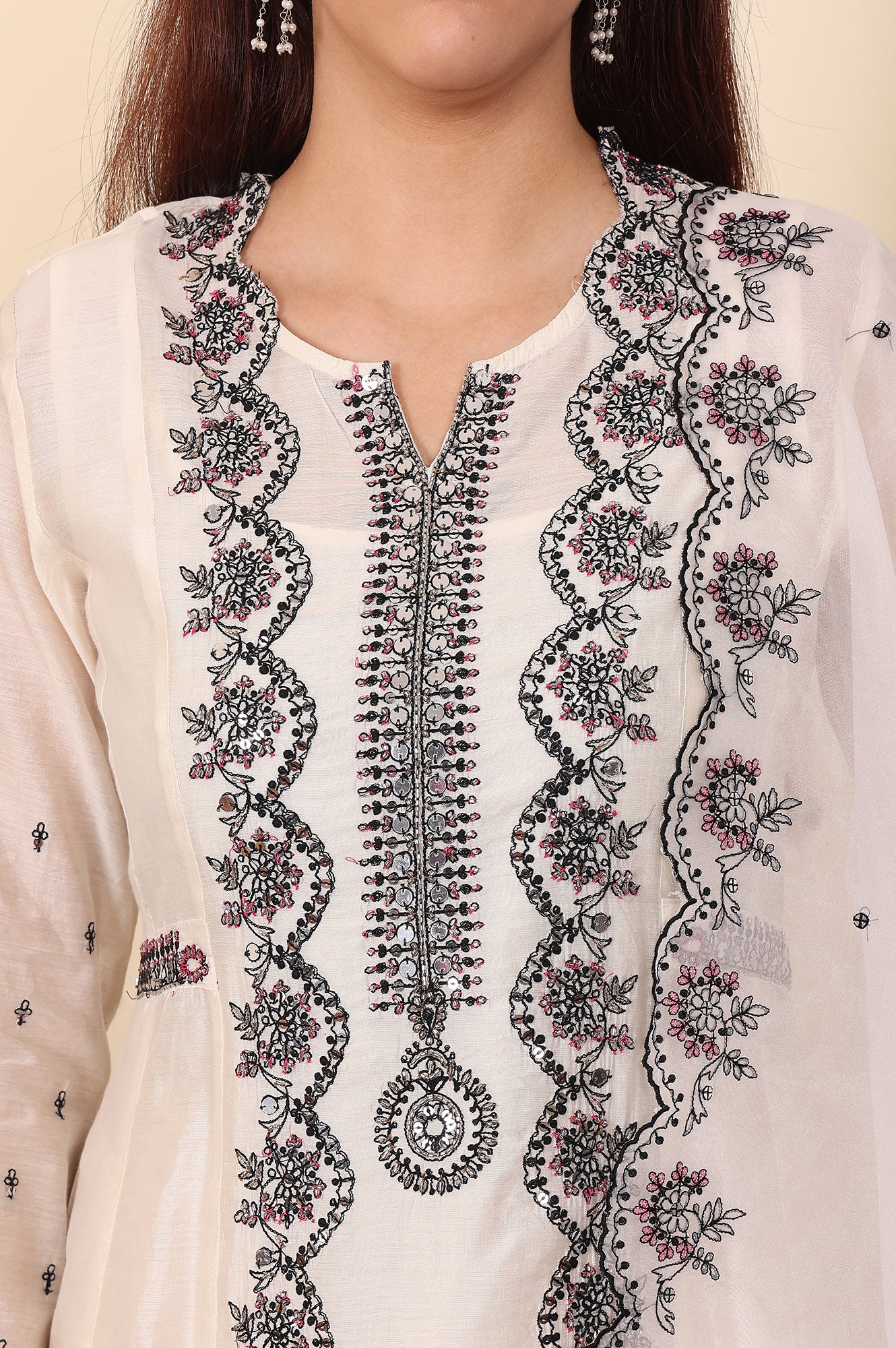 White Chanderi Mock Panelled Embroidered Flared Kurta, Straight Pants And Dupatta Set - Image 3