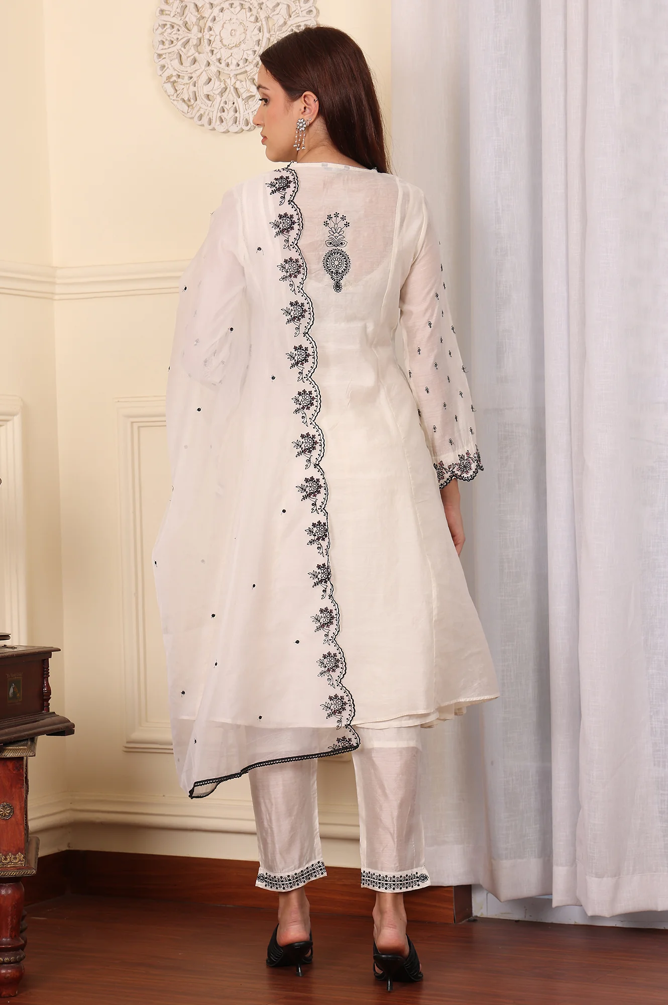 White Chanderi Mock Panelled Embroidered Flared Kurta, Straight Pants And Dupatta Set - Image 5