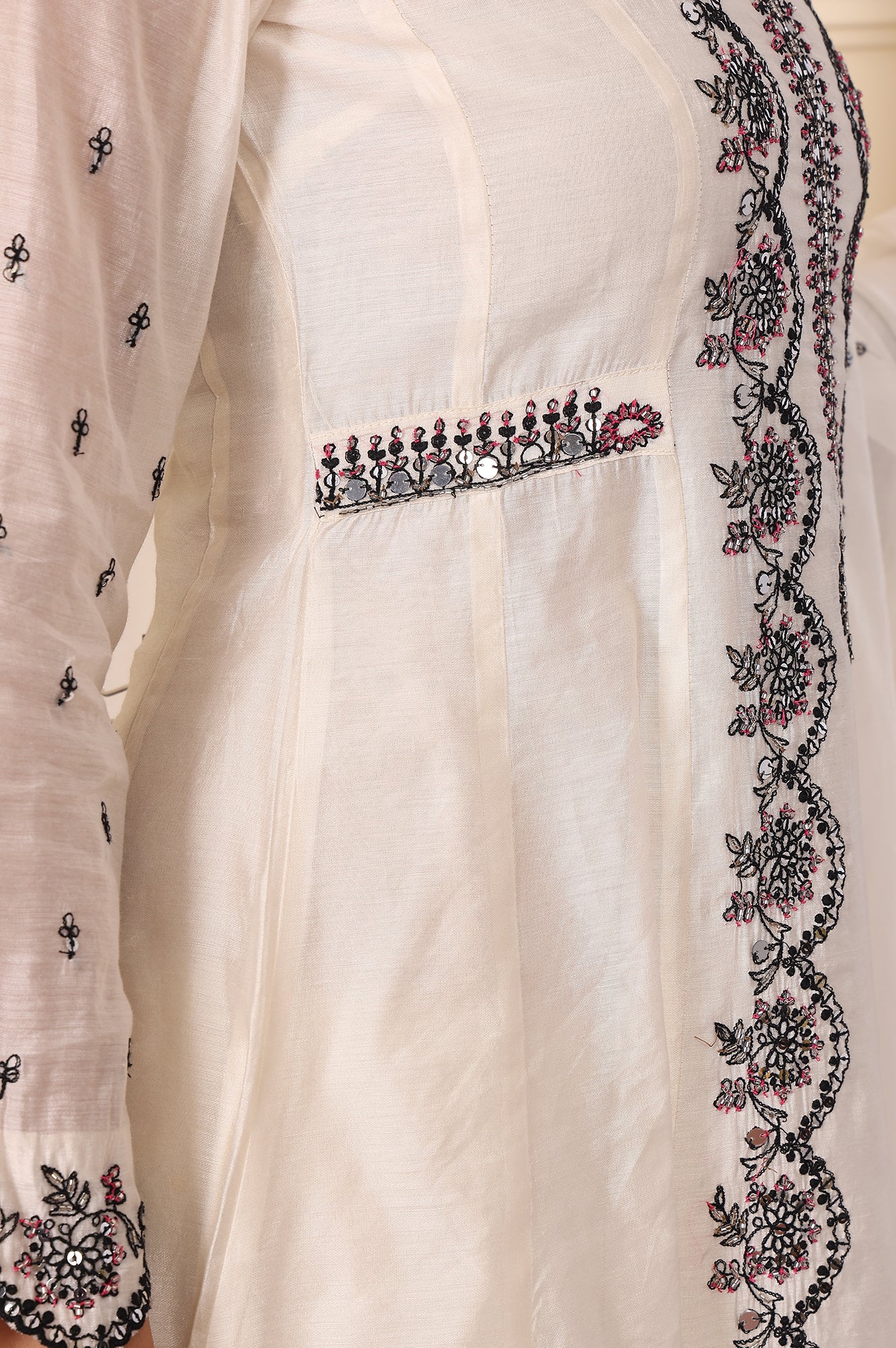 White Chanderi Mock Panelled Embroidered Flared Kurta, Straight Pants And Dupatta Set - Image 8