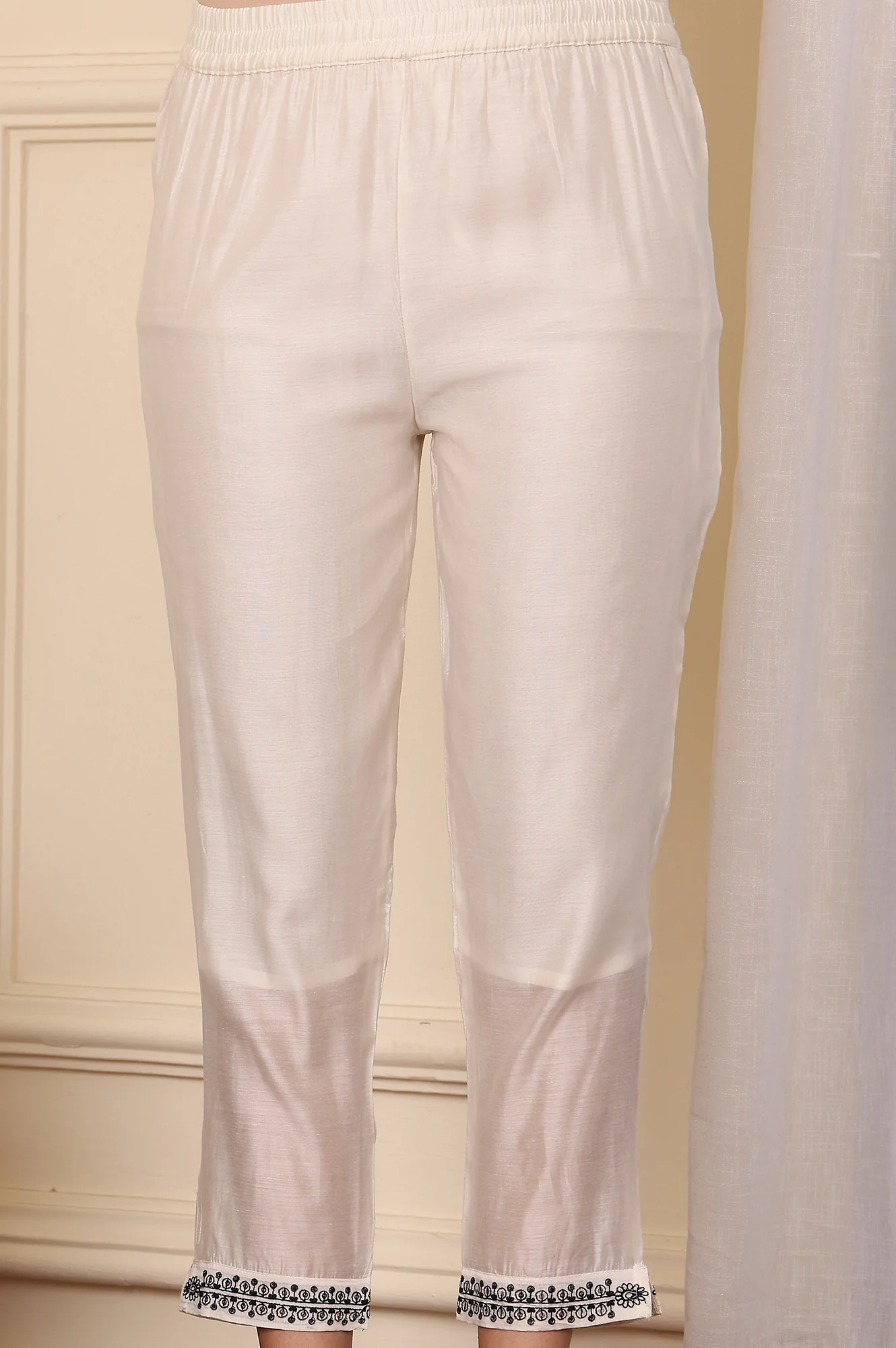 White Chanderi Mock Panelled Embroidered Flared Kurta, Straight Pants And Dupatta Set - Image 9