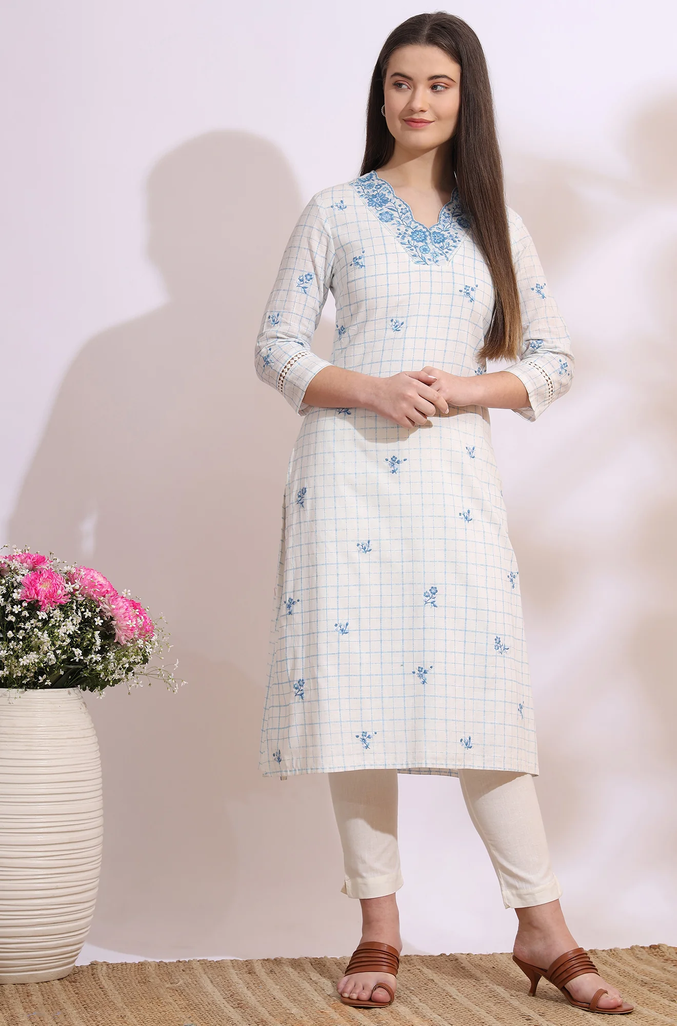 White Check Printed Thread Embroidered Pure Cotton Straight Kurta - Image 2