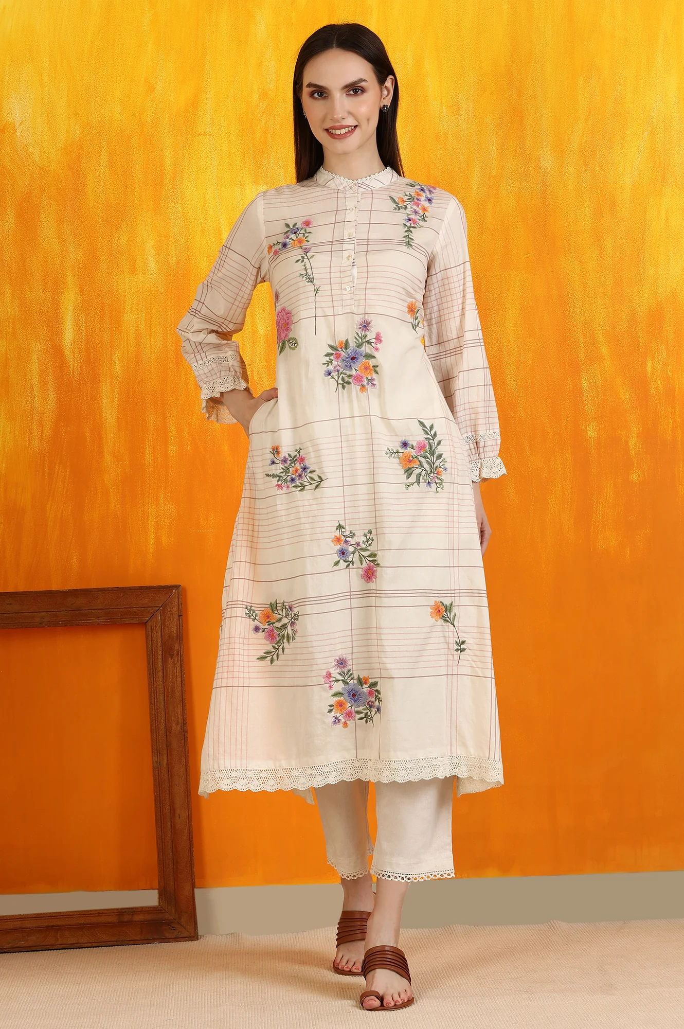 White Checker Floral Embroidered Pure Cotton A-line Kurta - Image 2