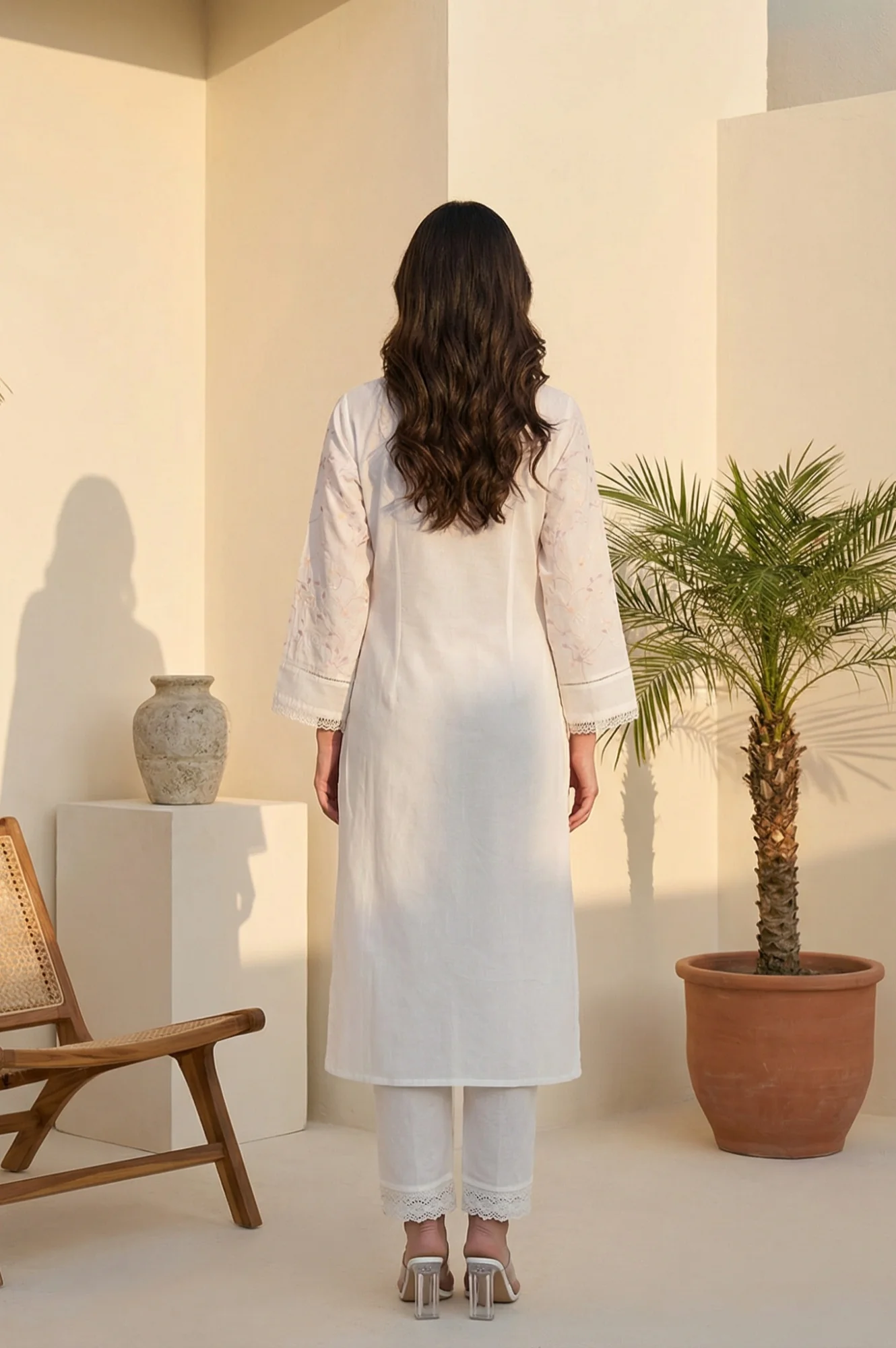 White Chikankari Embroidered Sequins Pure Cotton Straight Kurta - Image 5