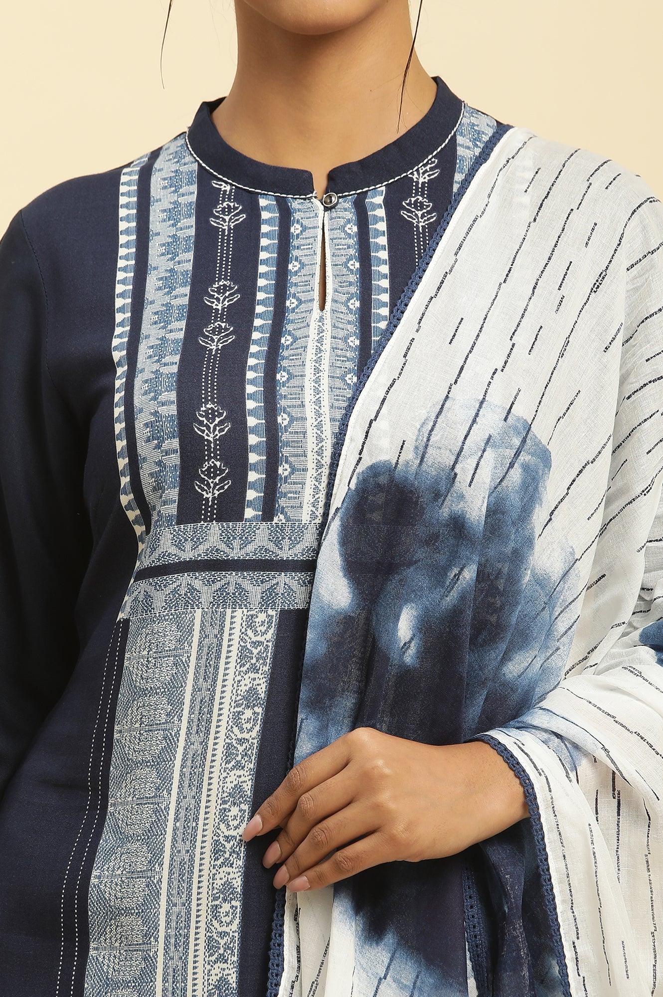 White Cotton Dupatta With Bold Blue Floral Print - Image 4