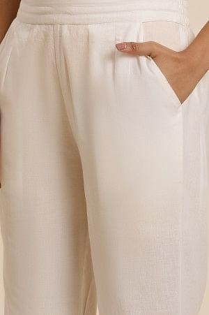 White Cotton Pants With Embroidered Mesh Hemline - Image 6