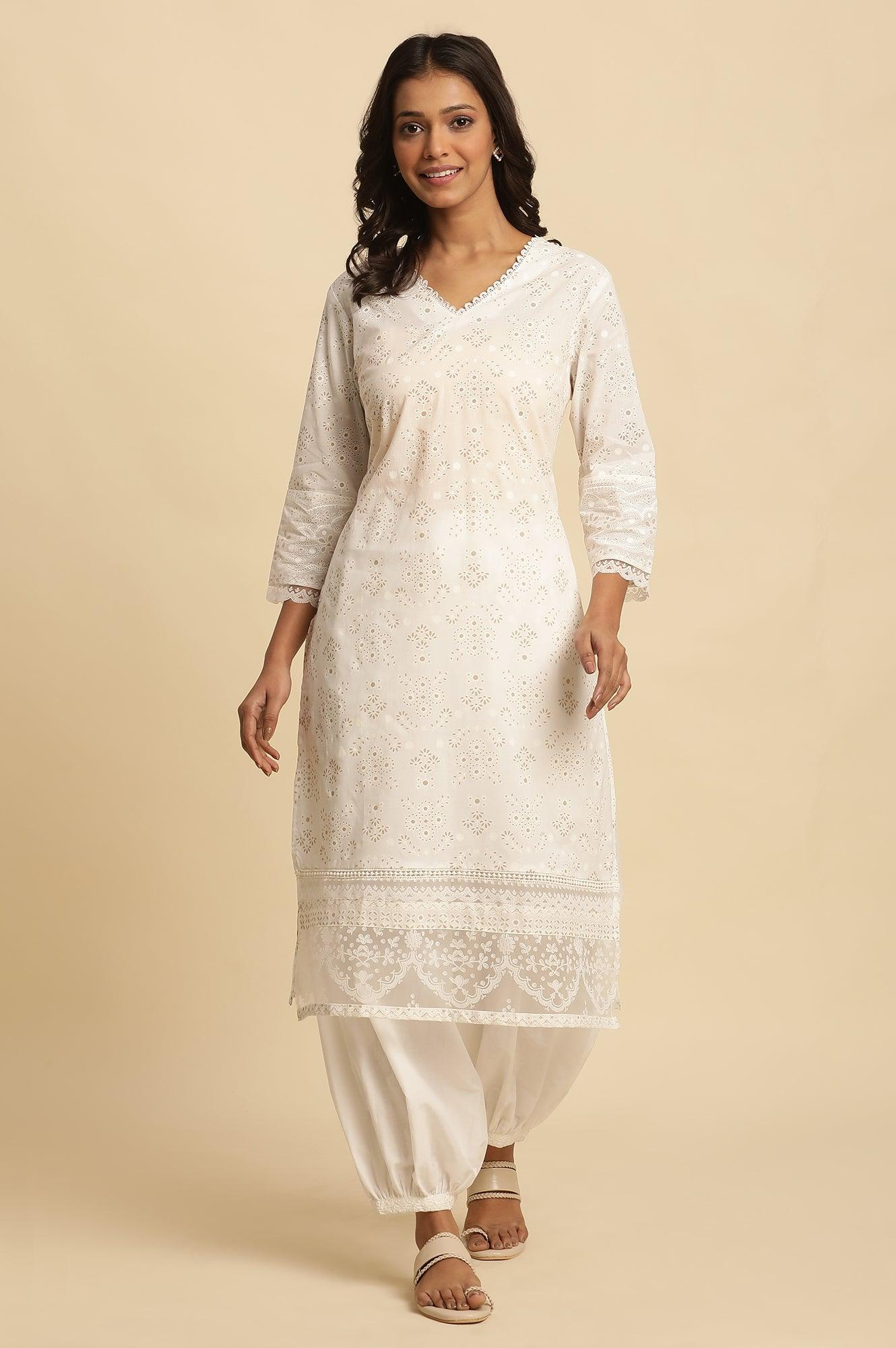 White Cotton Printed Kurta With Brasso Panel - Image 2