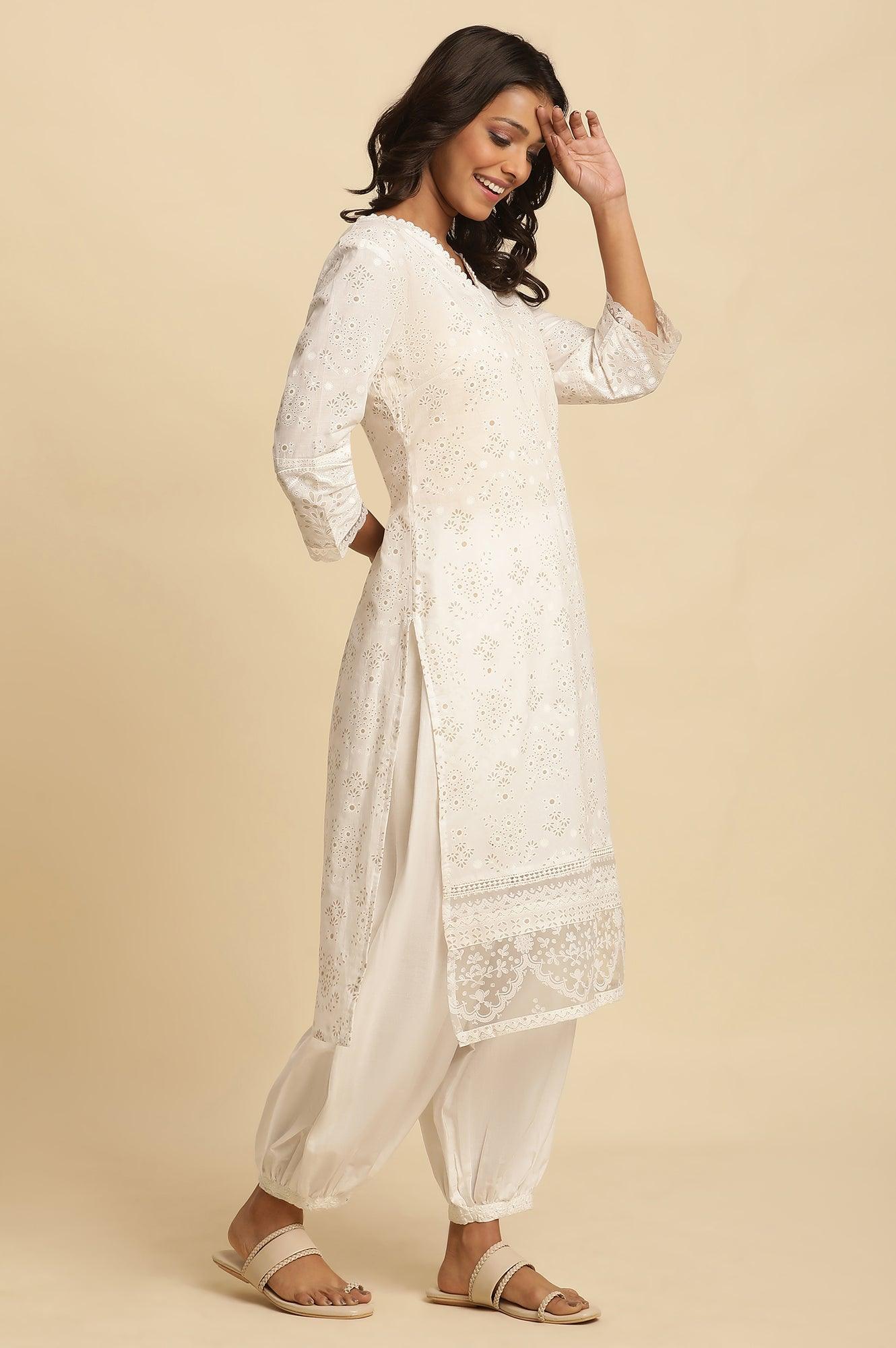 White Cotton Printed Kurta With Brasso Panel - Image 3