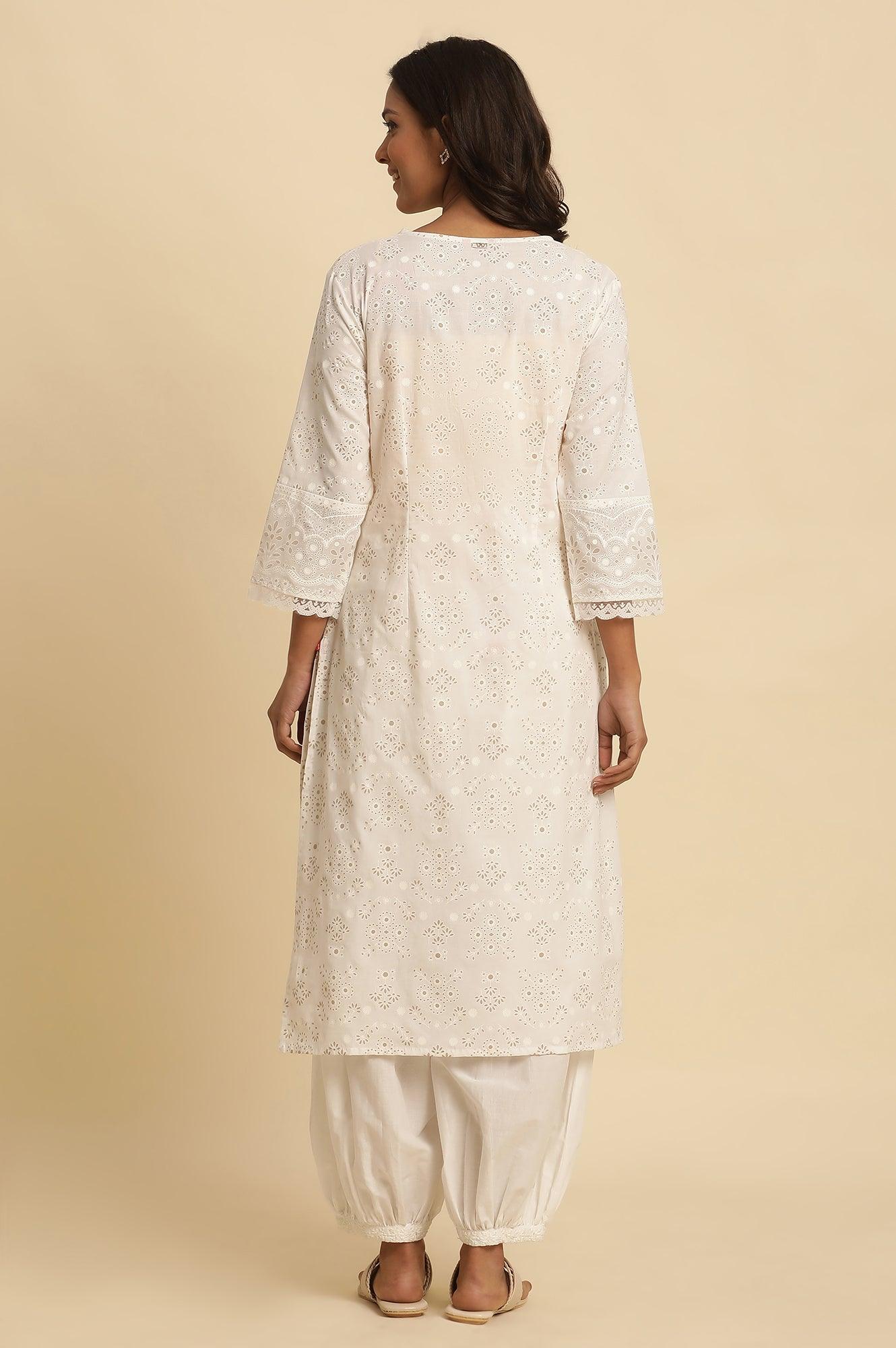 White Cotton Printed Kurta With Brasso Panel - Image 4
