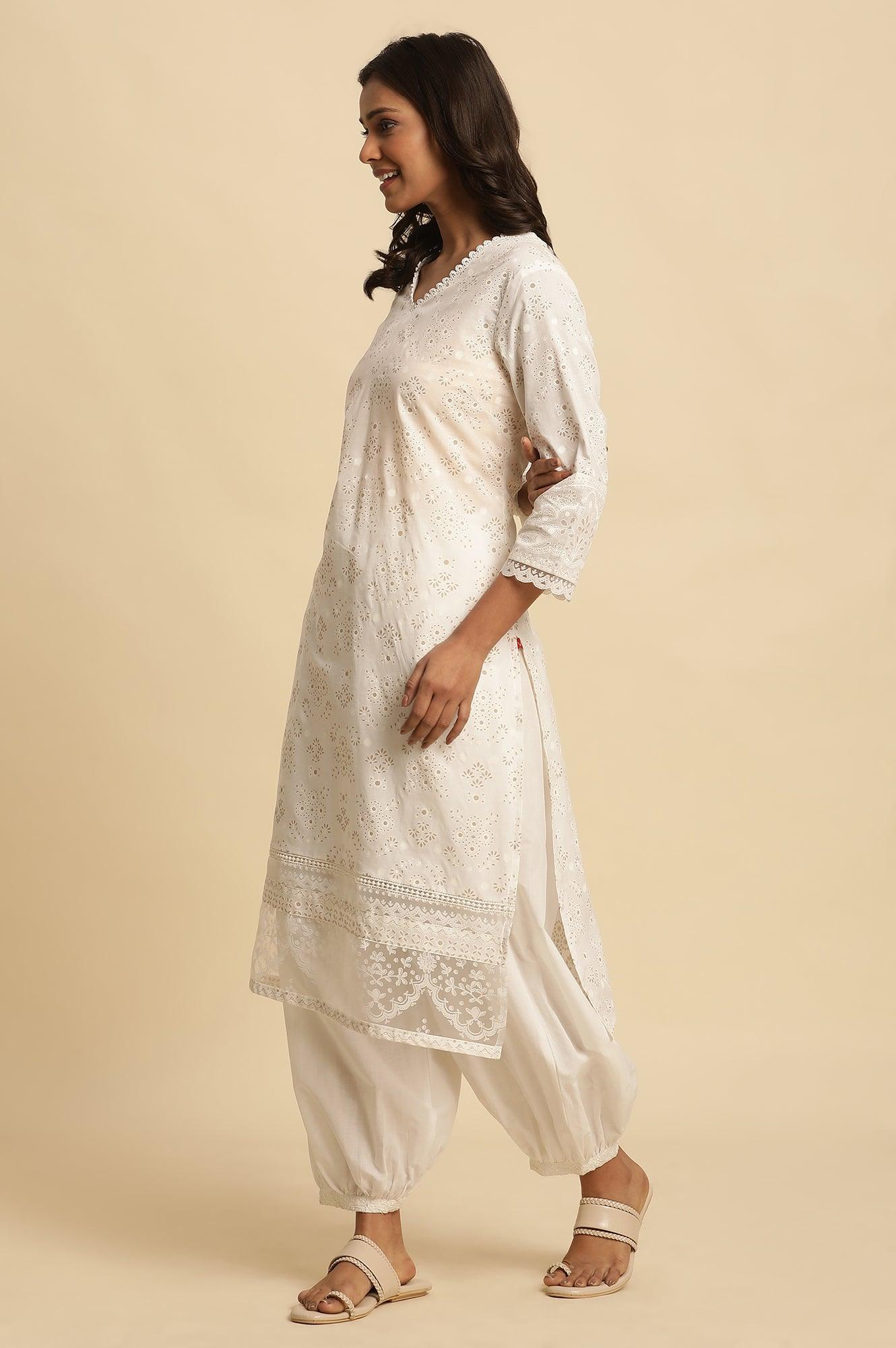 White Cotton Printed Kurta With Brasso Panel - Image 5