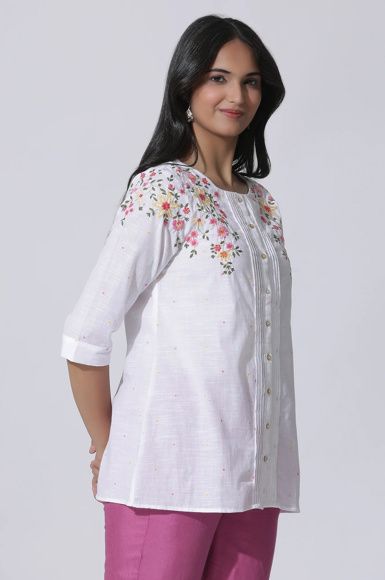 White Embroidered Cotton Top With Pintucks - Image 4
