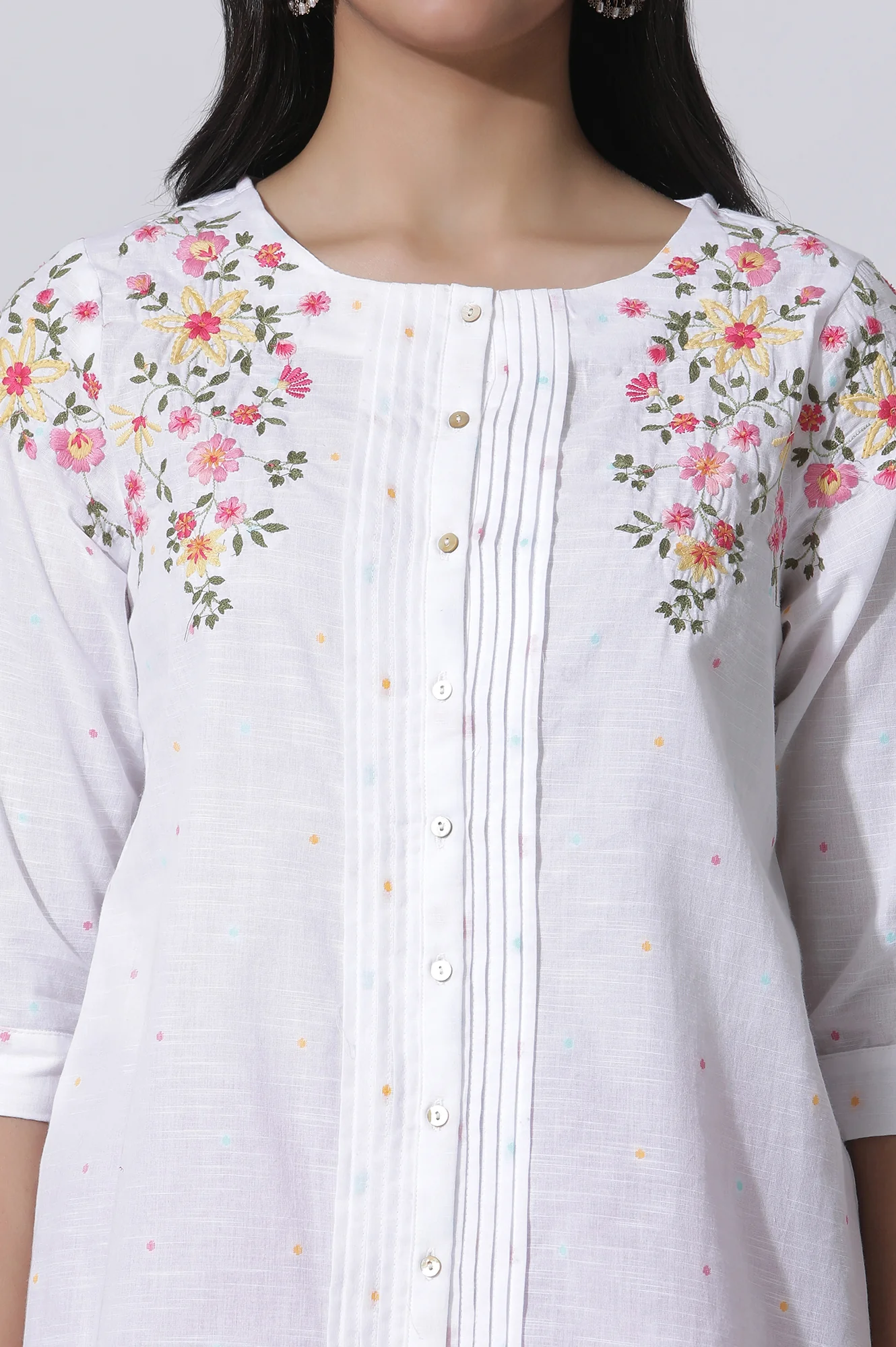 White Embroidered Cotton Top With Pintucks - Image 6