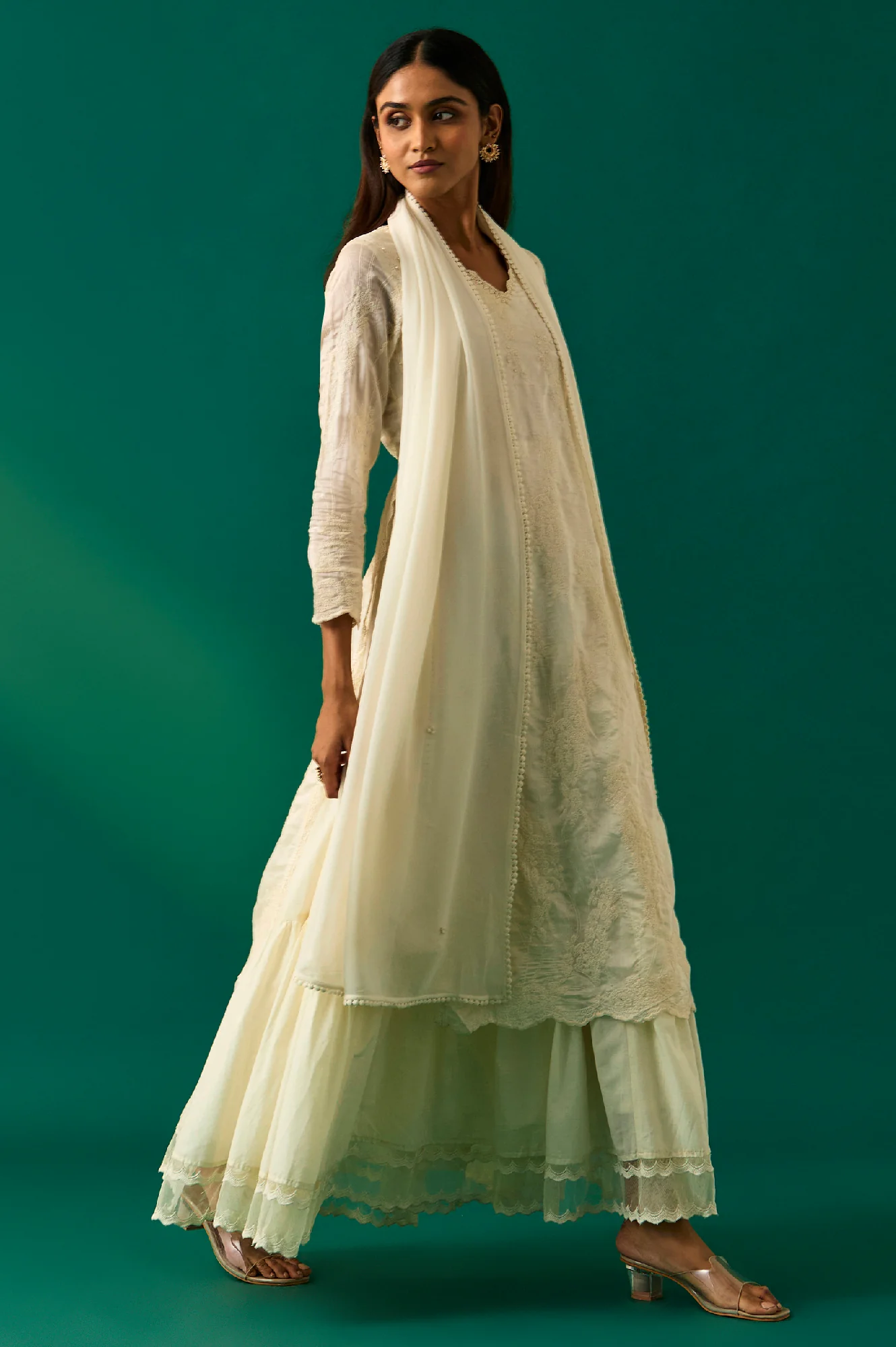 White Embroidered Mock Layer Tiered Dress and Dupatta Set - Image 2