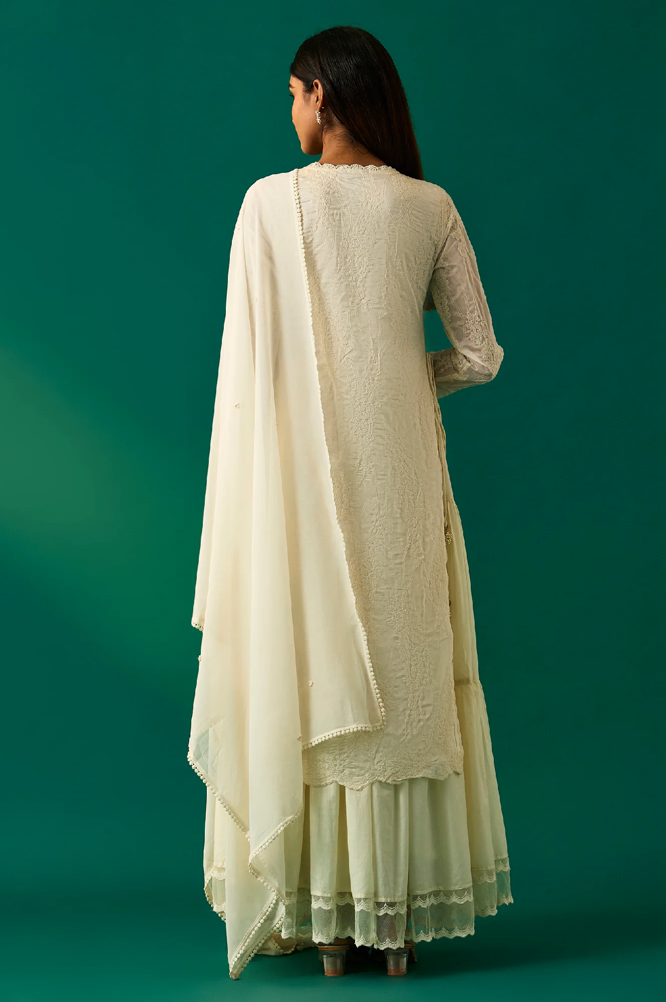 White Embroidered Mock Layer Tiered Dress and Dupatta Set - Image 3