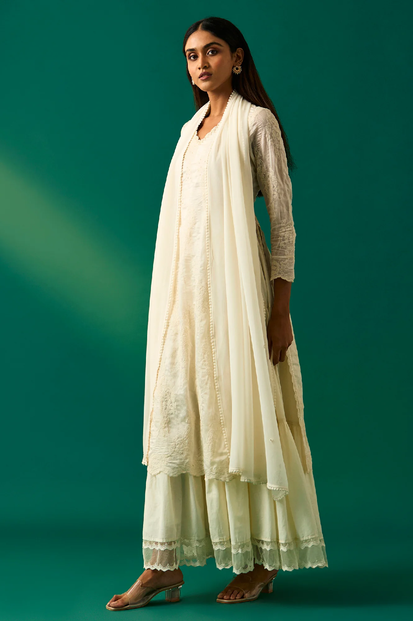 White Embroidered Mock Layer Tiered Dress and Dupatta Set - Image 4