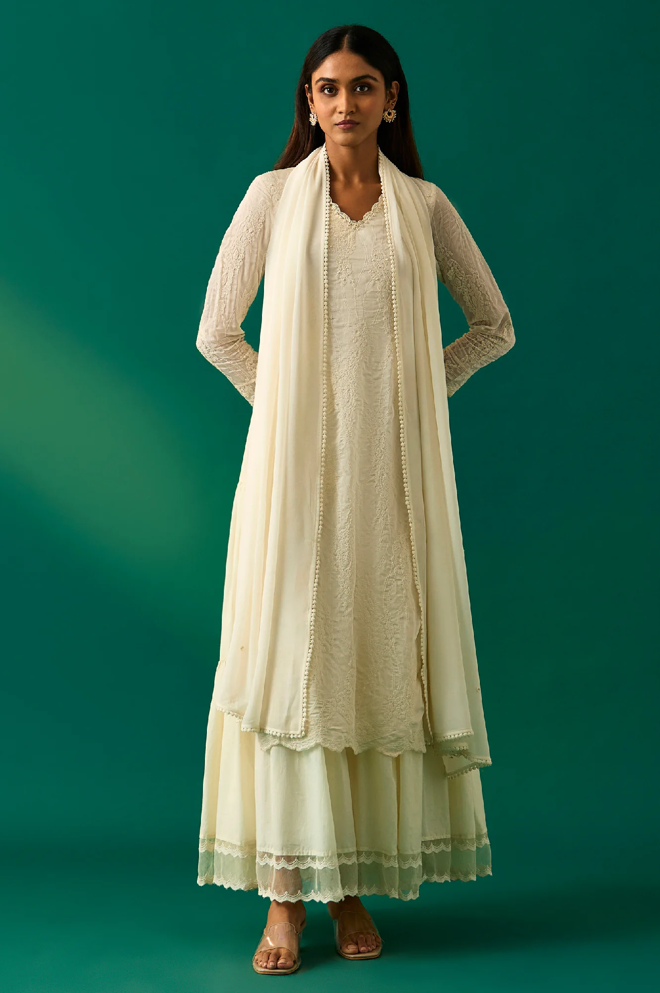 White Embroidered Mock Layer Tiered Dress and Dupatta Set - Image 5