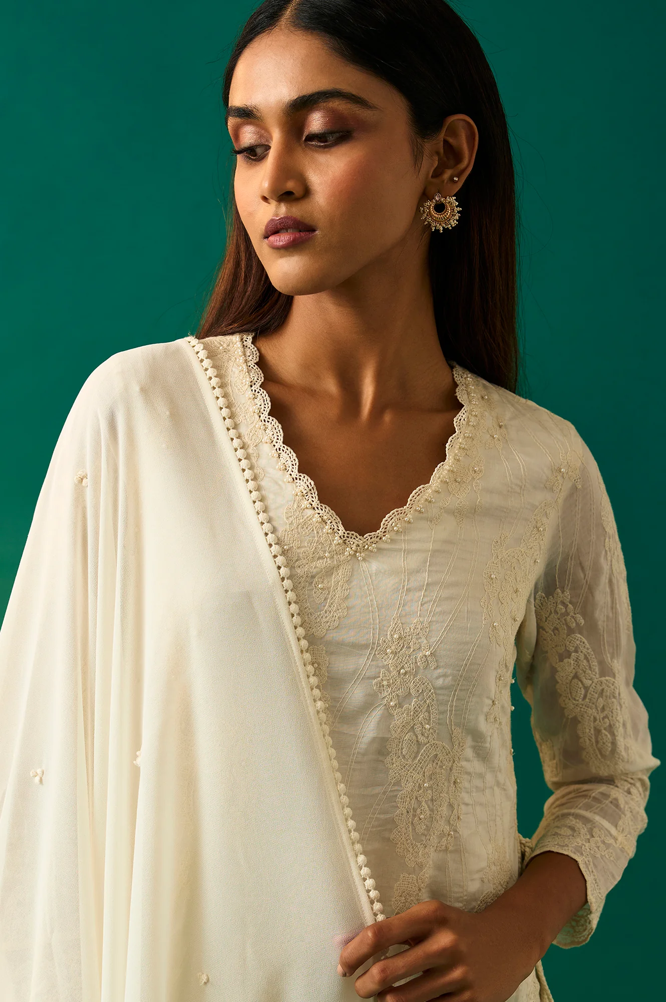 White Embroidered Mock Layer Tiered Dress and Dupatta Set - Image 6