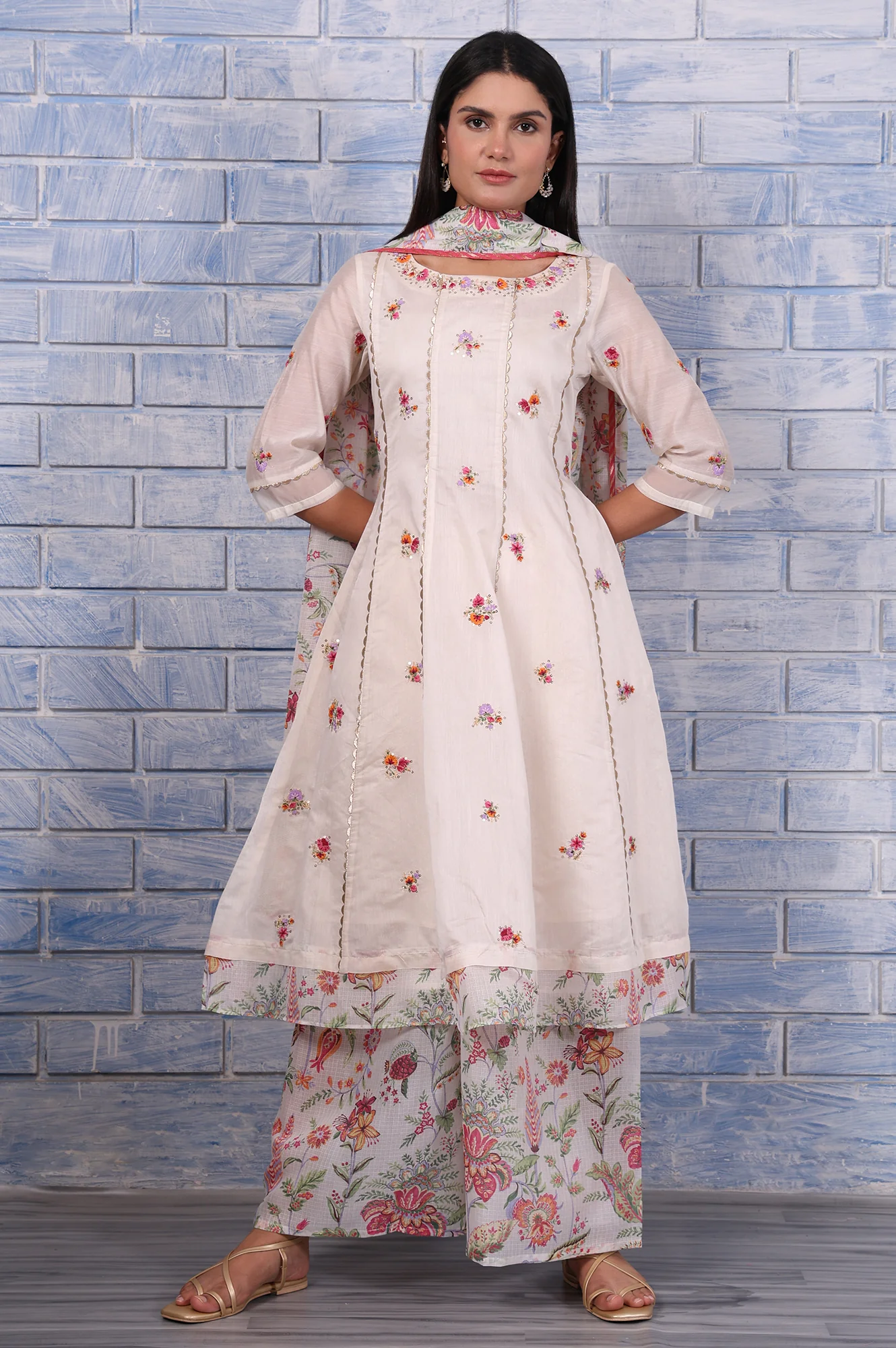 White Embroidered Printed Chanderi Flared Kurta, Palazzo And Dupatta Set