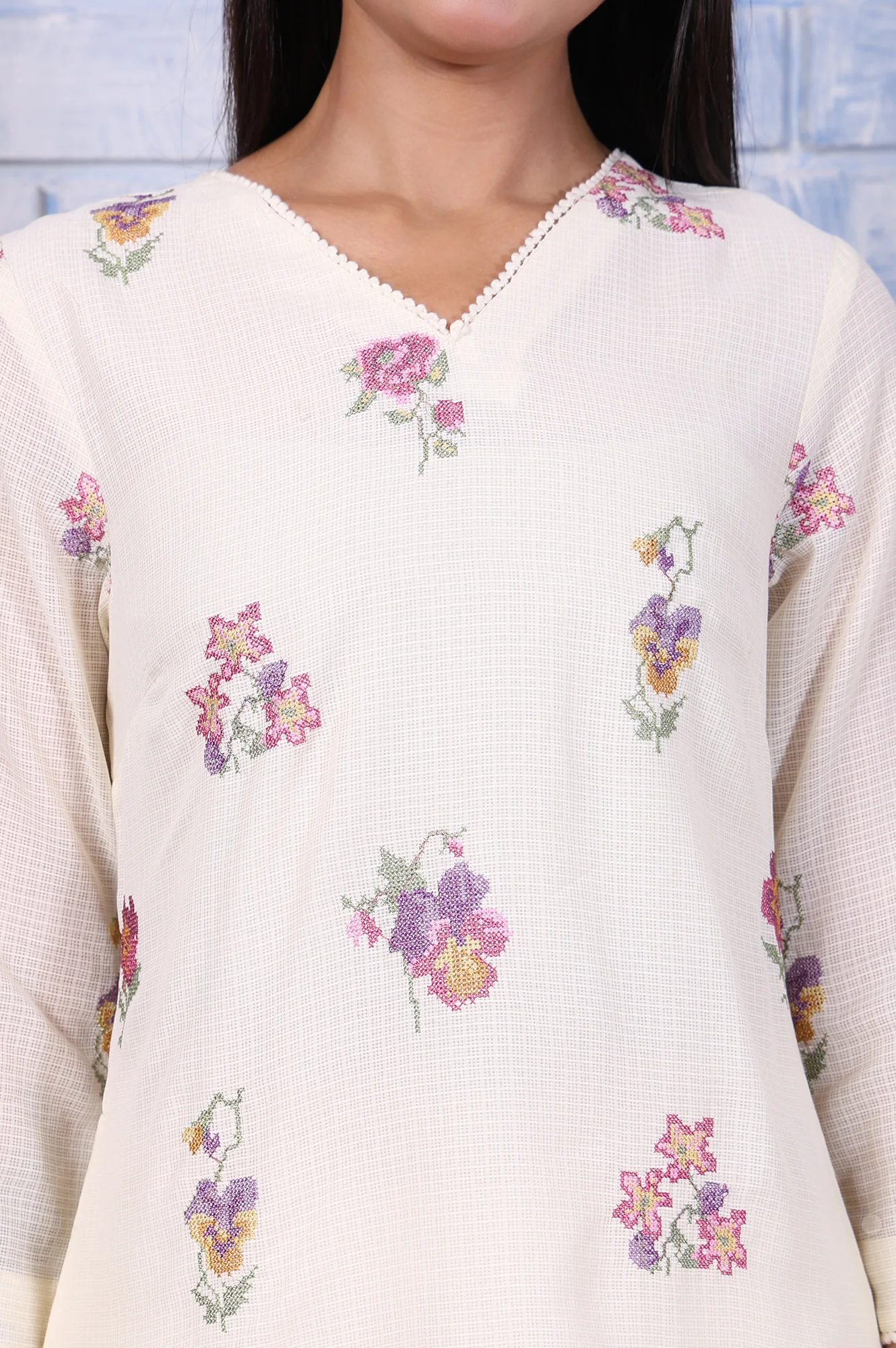 White Embroidered Printed Lace Kota Straight Kurta - Image 3
