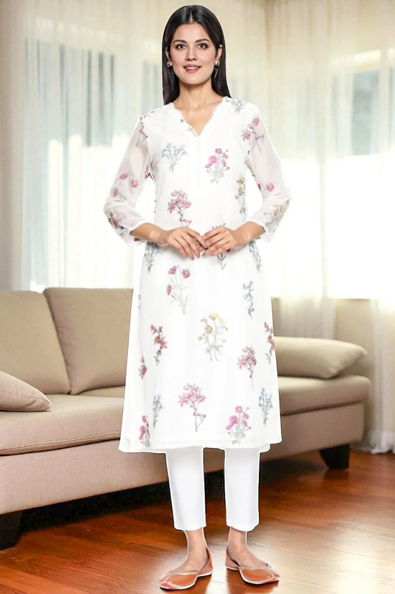 White Embroidered Printed Organza Straight Kurta - Image 2