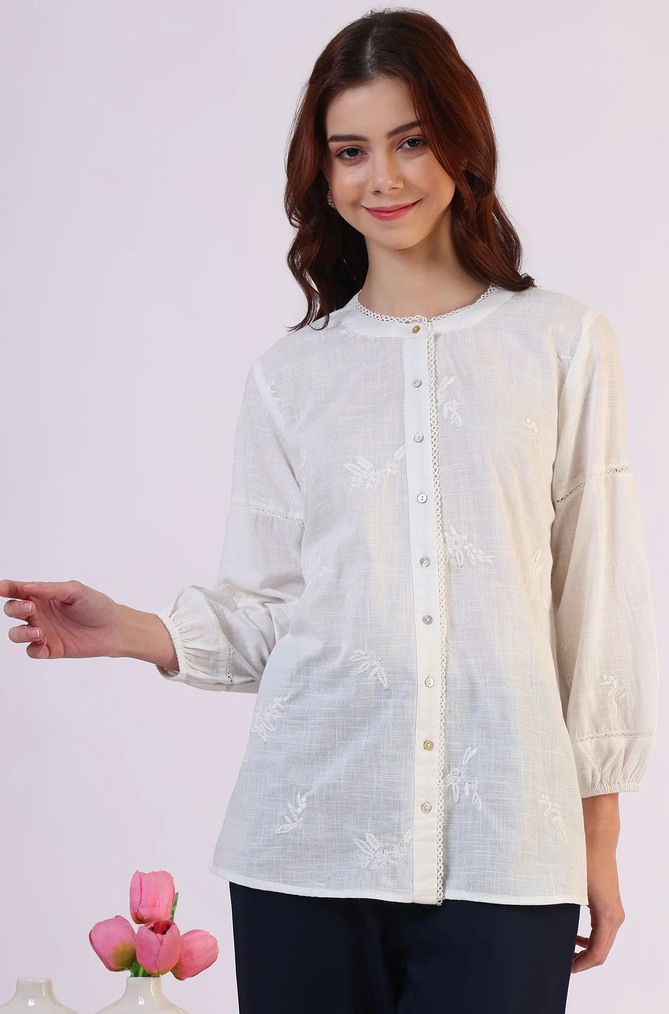 White Embroidered Pure Cotton Button Down Shirt - Image 3