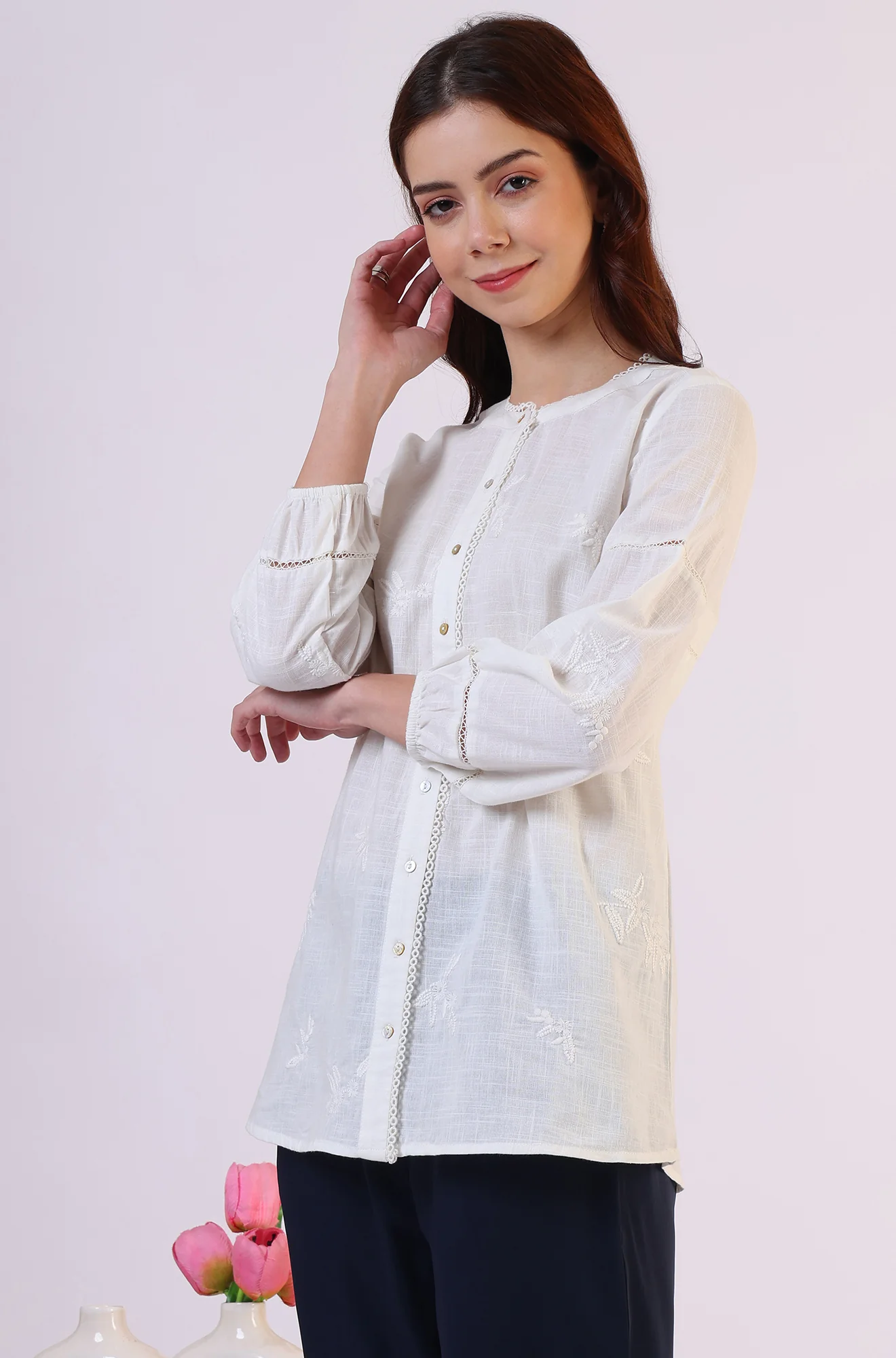 White Embroidered Pure Cotton Button Down Shirt - Image 5