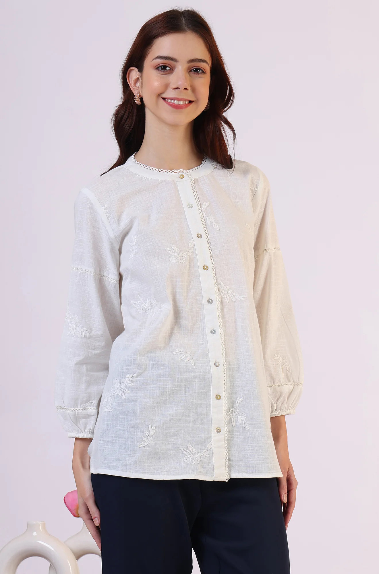 White Embroidered Pure Cotton Button Down Shirt - Image 7