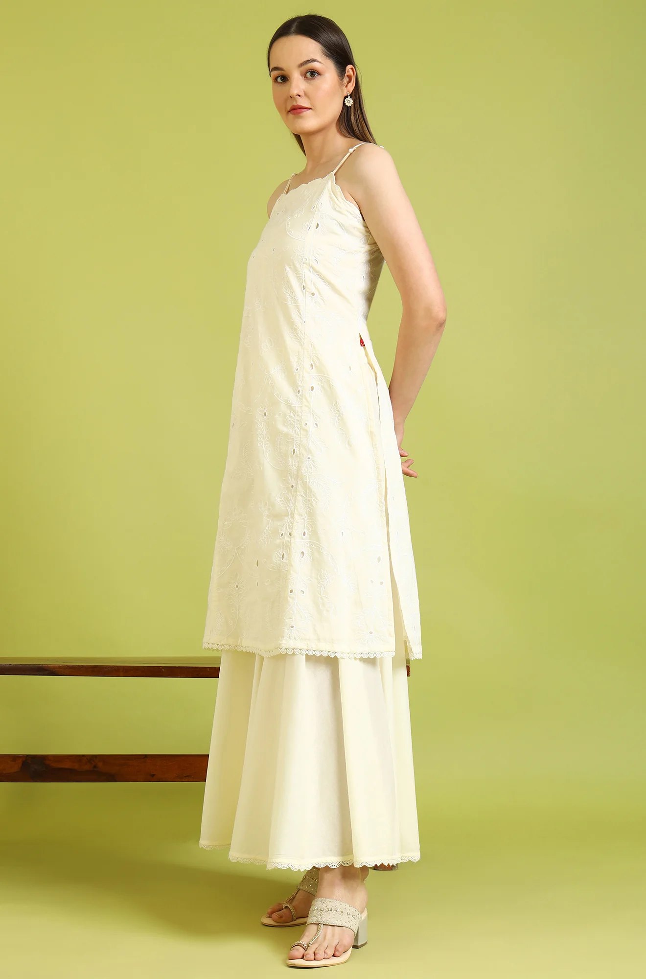 White Embroidered Pure Cotton Straight Spaghetti Kurta and Sharara Set with Dupatta - Image 5