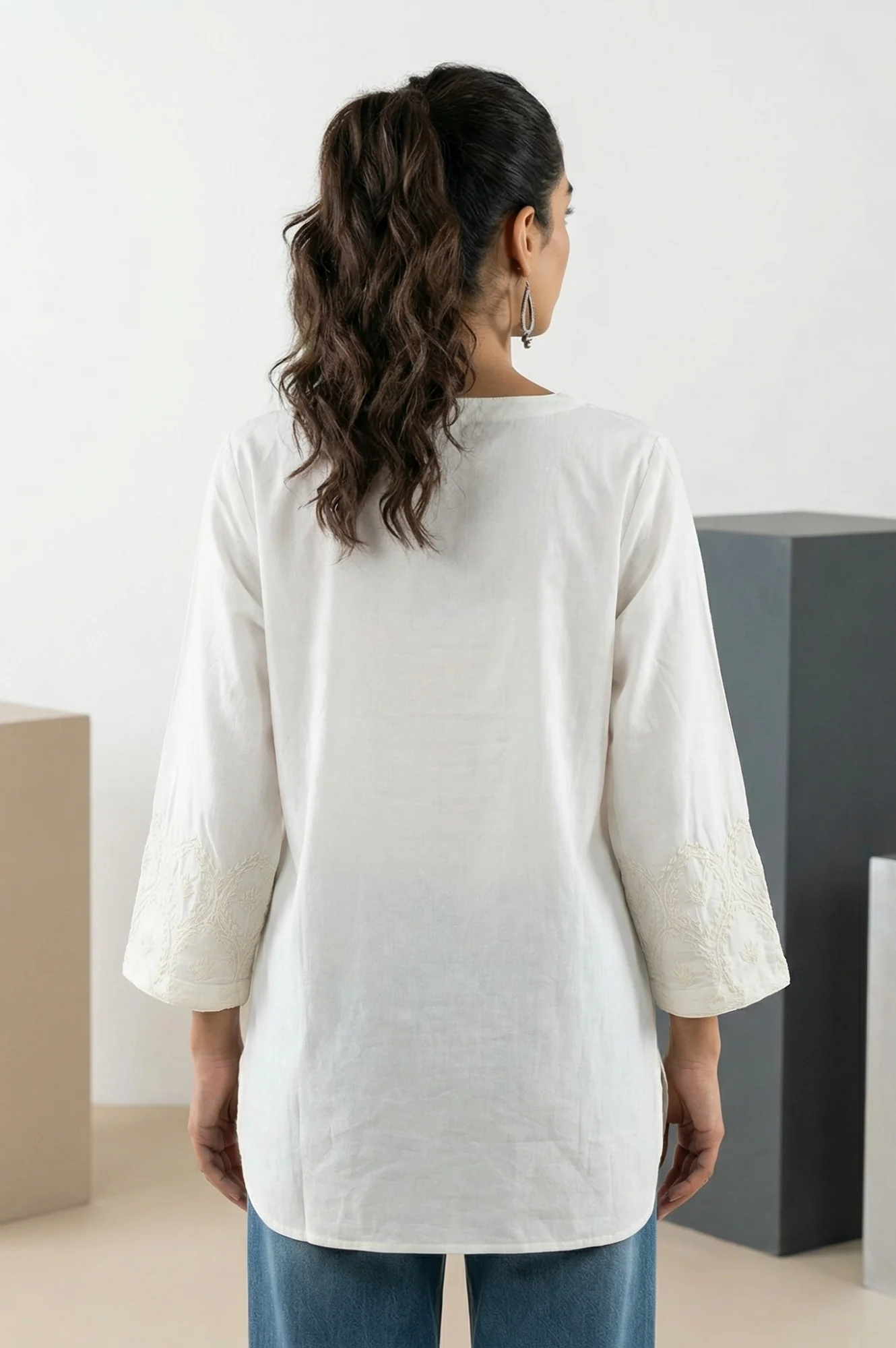 White Embroidered Pure Cotton Straight Top - Image 4