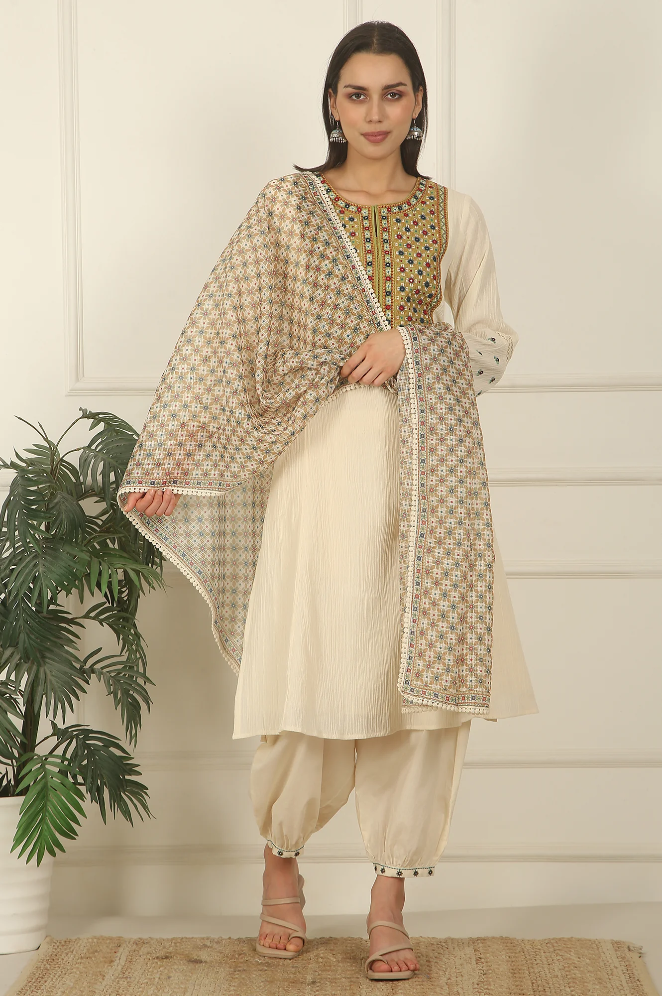 White Embroidered Yoke Cotton Crepe A-line Kurta, Pants and Dupatta Set - Image 2