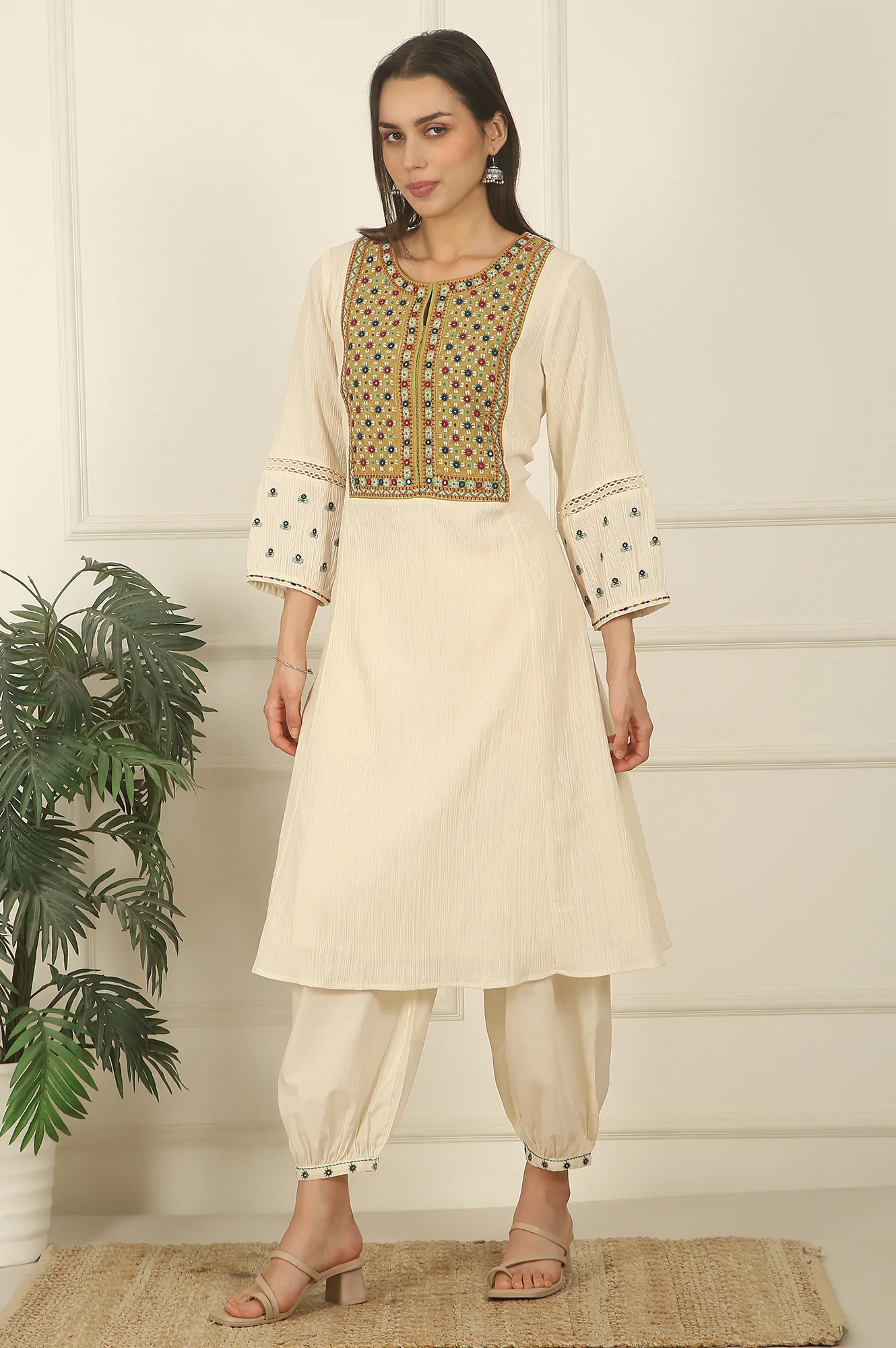 White Embroidered Yoke Cotton Crepe A-line Kurta, Pants and Dupatta Set - Image 5