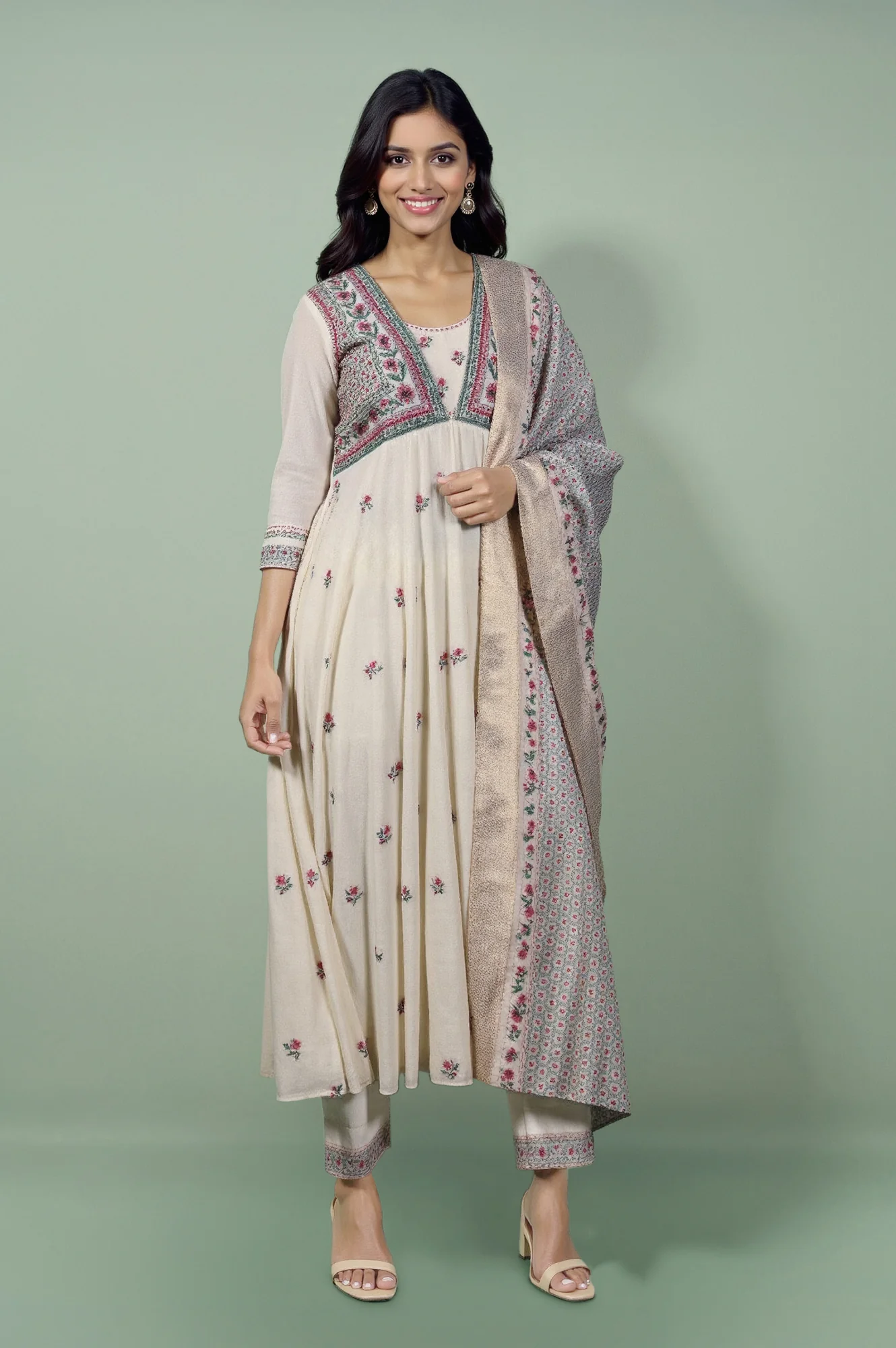 White Embroidered Yoke Cotton Dobby Anarkali Kurta, Pants and Dupatta Set