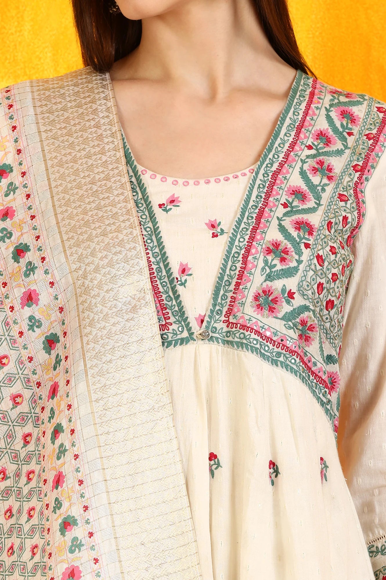 White Embroidered Yoke Cotton Dobby Anarkali Kurta, Pants and Dupatta Set - Image 4