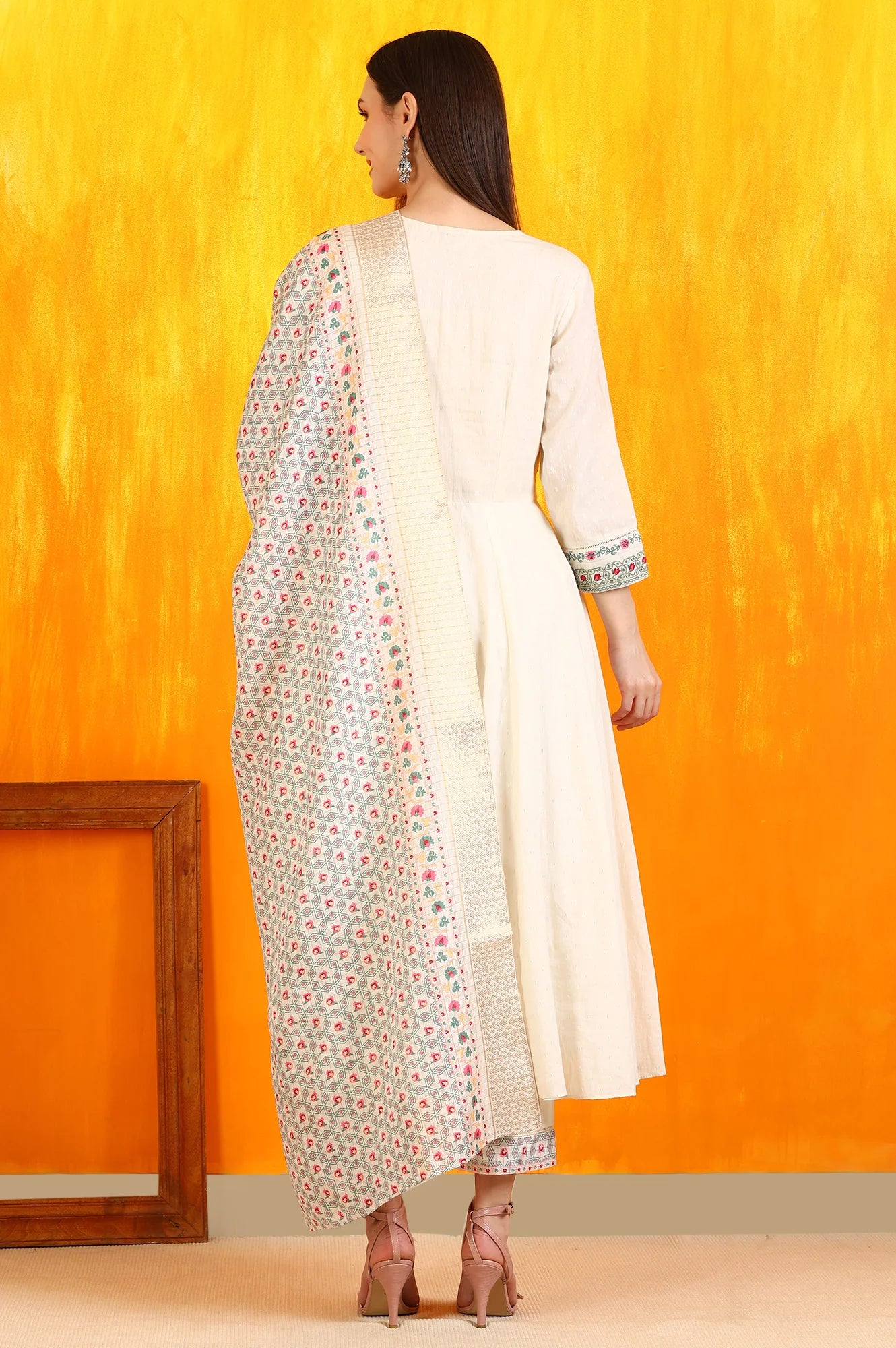 White Embroidered Yoke Cotton Dobby Anarkali Kurta, Pants and Dupatta Set - Image 6