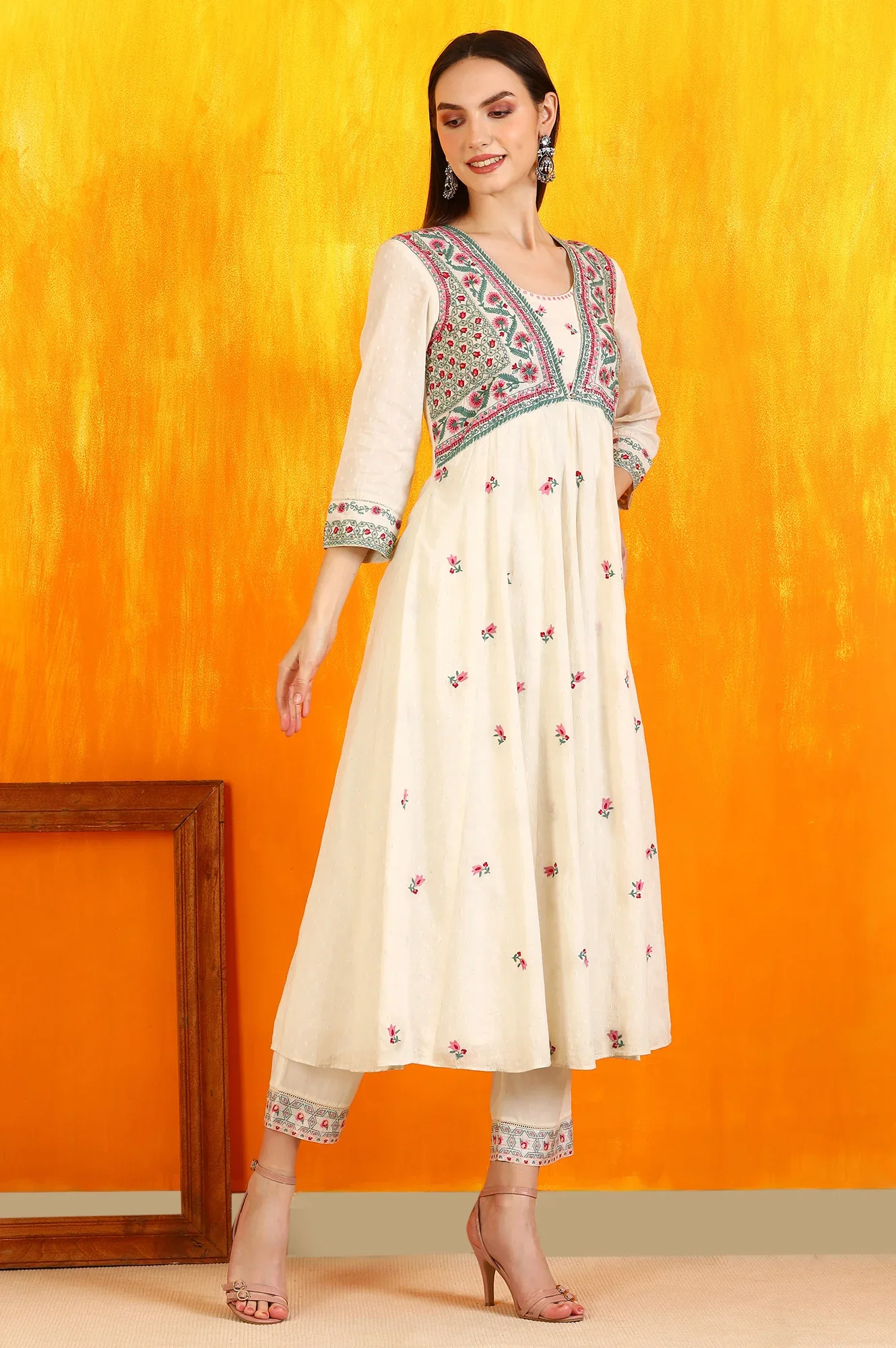 White Embroidered Yoke Cotton Dobby Anarkali Kurta, Pants and Dupatta Set - Image 7