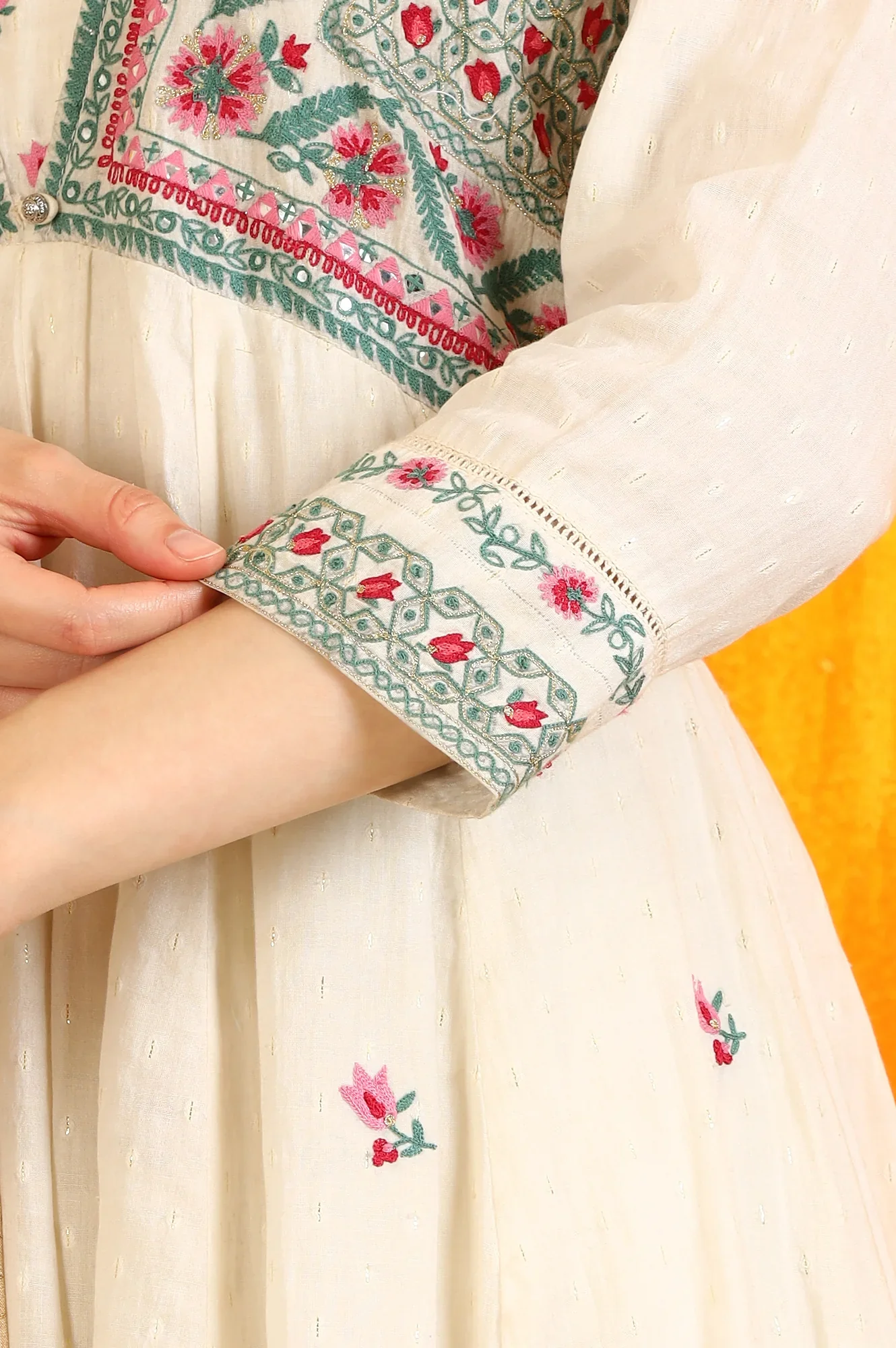 White Embroidered Yoke Cotton Dobby Anarkali Kurta, Pants and Dupatta Set - Image 8