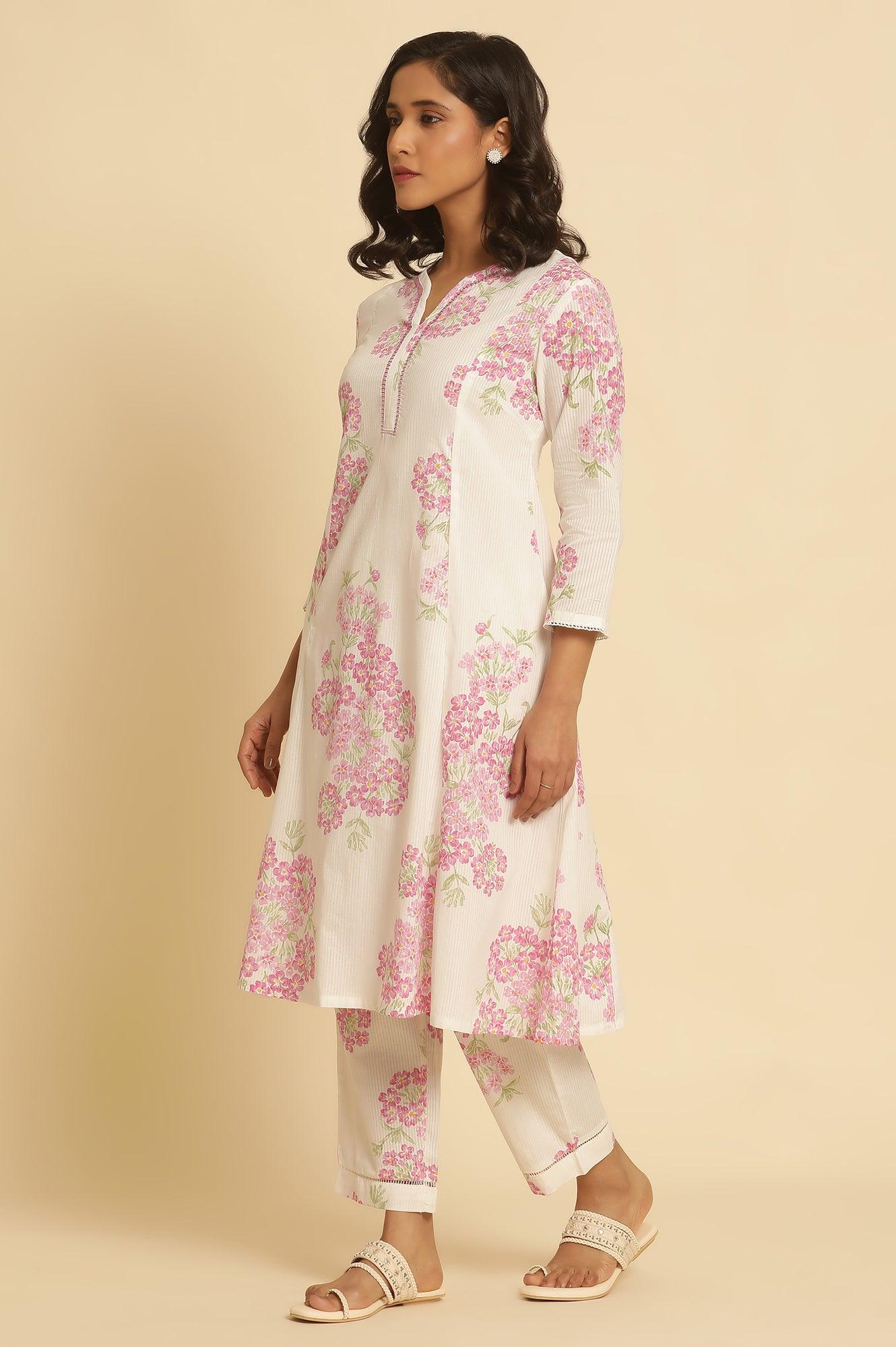 White Flared Floral Printed Kurta And Pants Set - Image 3