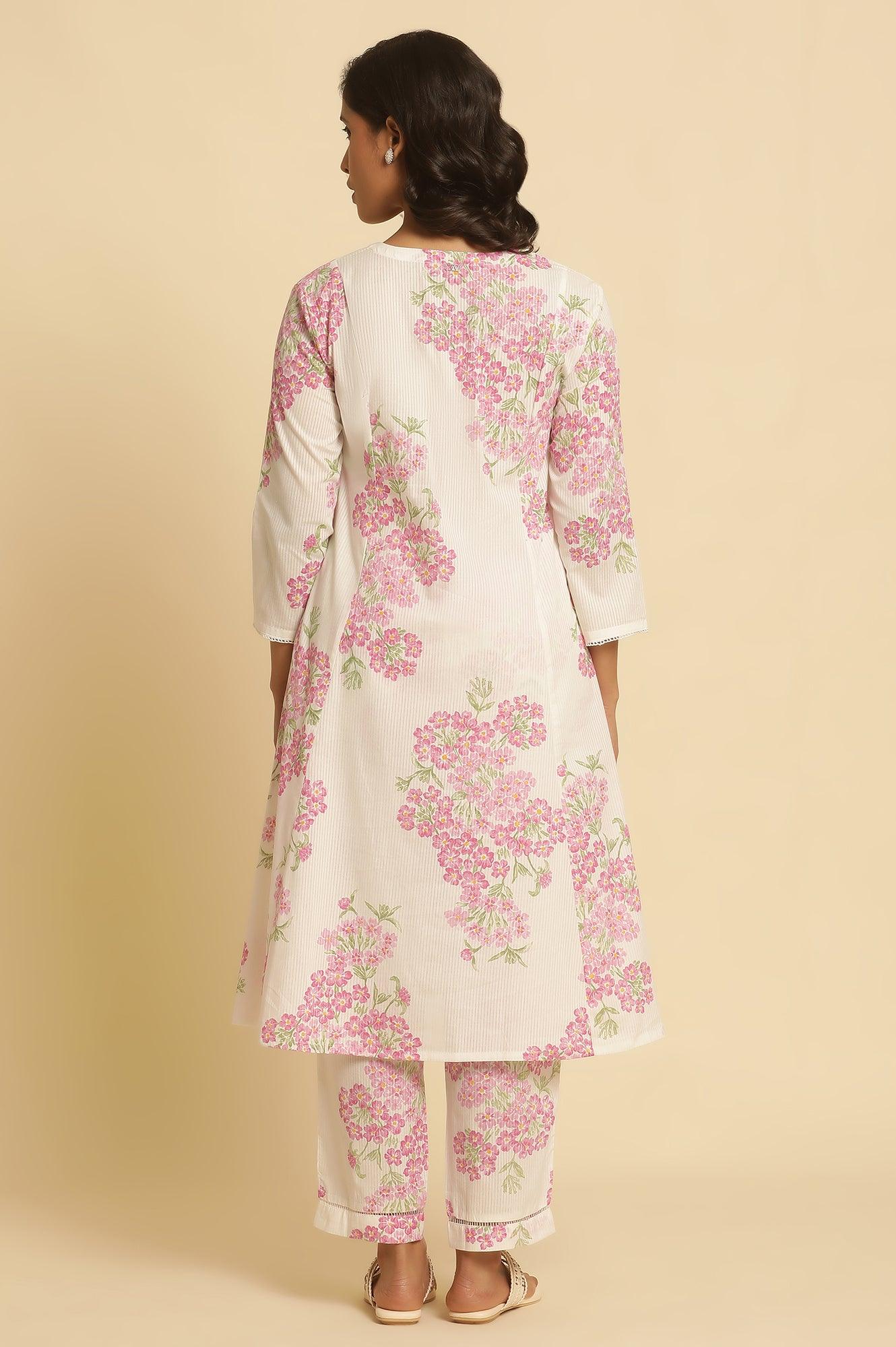 White Flared Floral Printed Kurta And Pants Set - Image 4