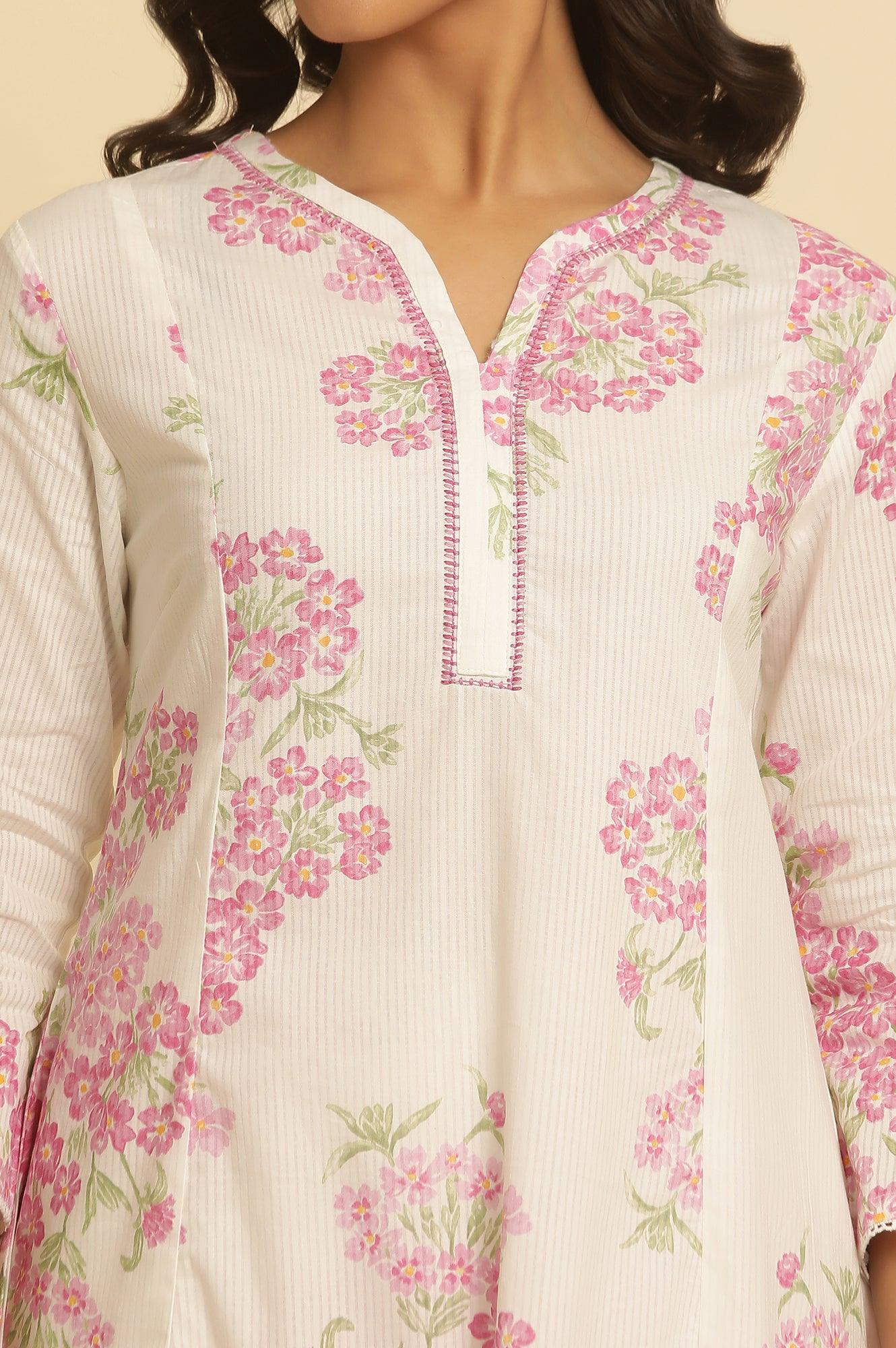 White Flared Floral Printed Kurta And Pants Set - Image 6