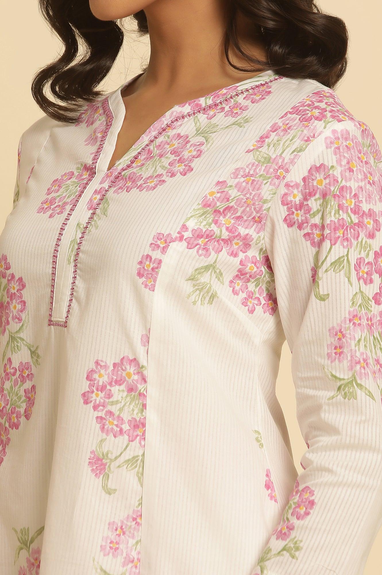 White Flared Floral Printed Kurta And Pants Set - Image 7