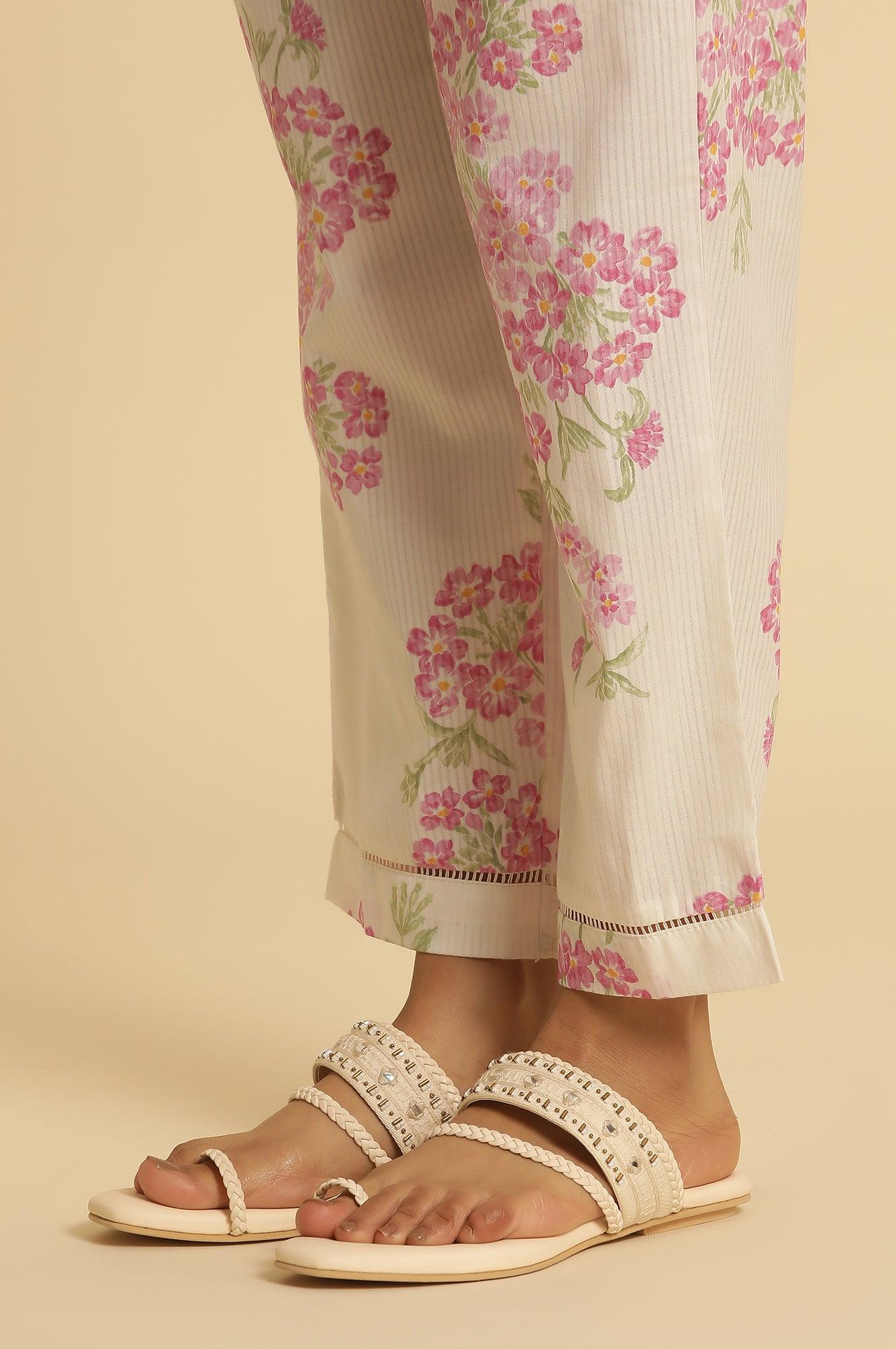 White Flared Floral Printed Kurta And Pants Set - Image 9
