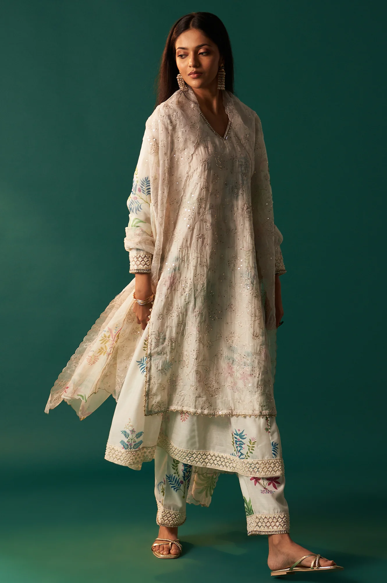 White Floral Printed and Embroidered Layered Cotton Blend Kurta with Pant and Dupatta Set - Image 6