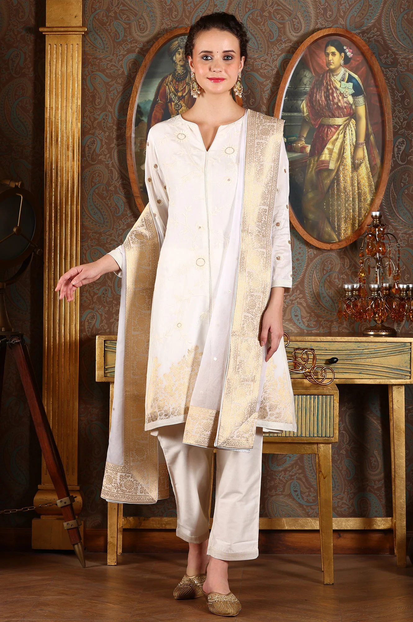 White Floral Gold Printed Thread Embroidered A-Line Kurta, Pants And Dupatta Set - Image 2
