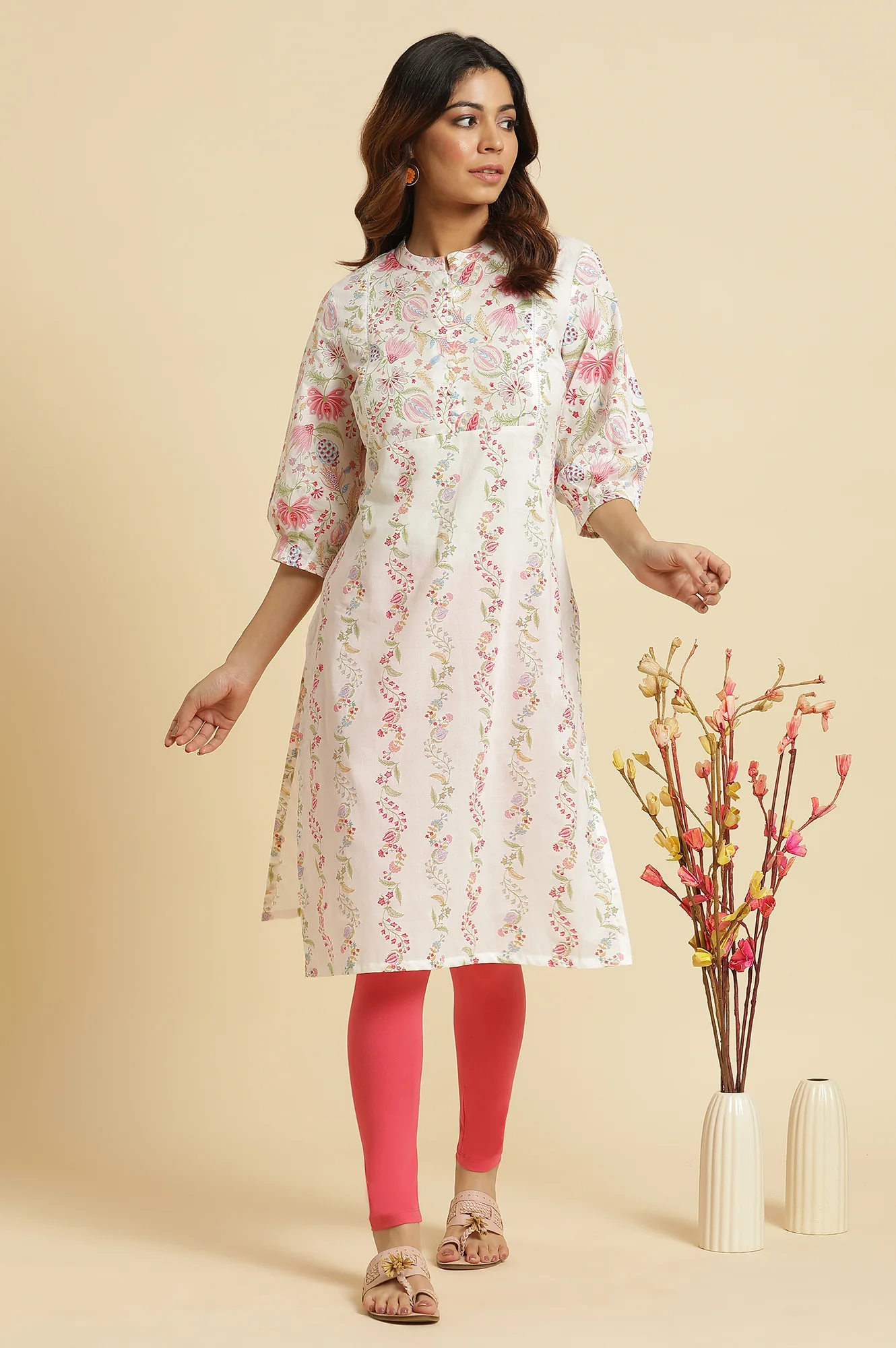 White Floral Lace Straight Cotton Kurta