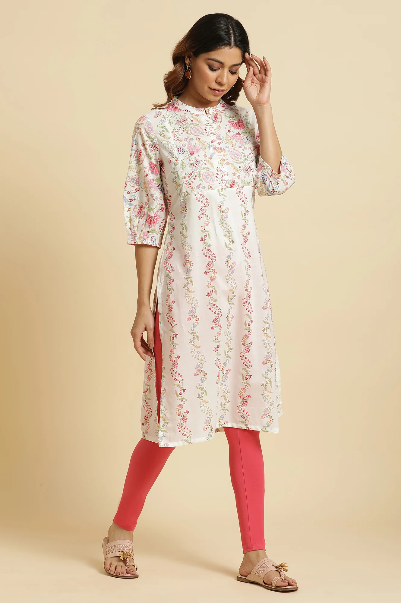 White Floral Lace Straight Cotton Kurta - Image 5