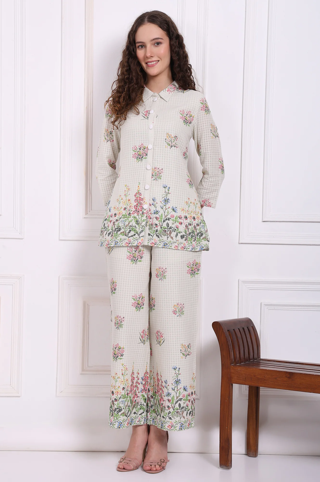 White Floral Printed Checker Pure Cotton Shirt and Pants Co-ord Set - Image 2